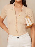 SGW Beige Front Full Button Rib Knit Tee - Half Sleeves