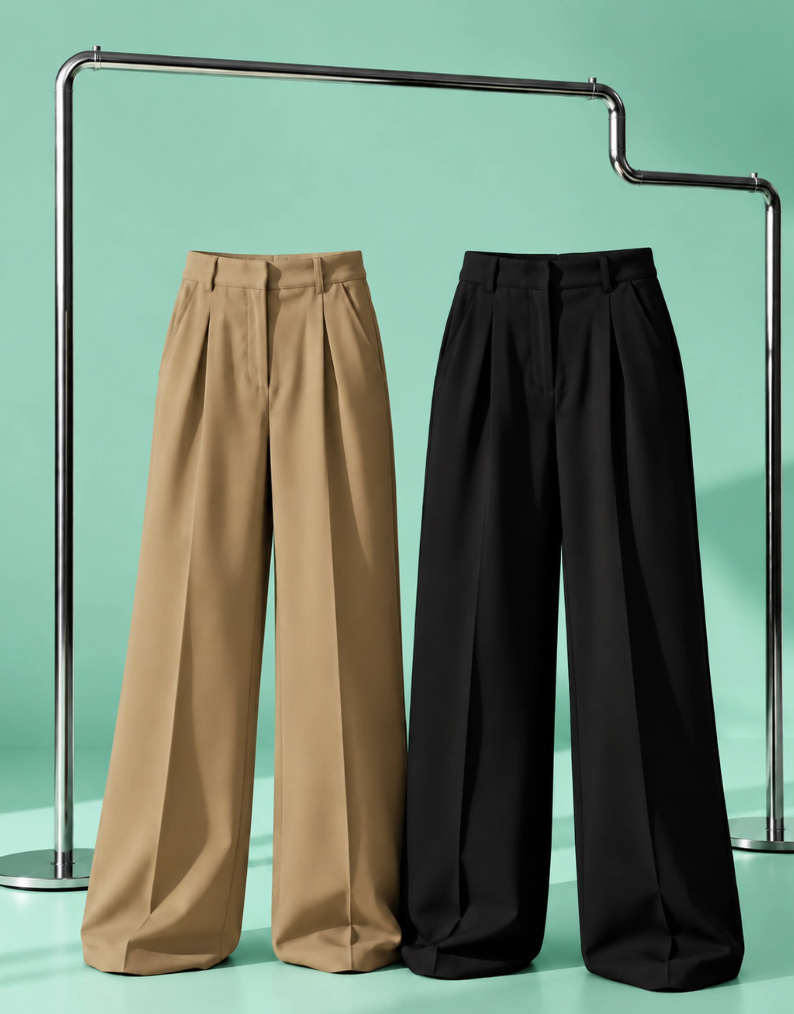 SGW Beige & Black Tailored Wide-Leg Pants with Elastic Back Belt