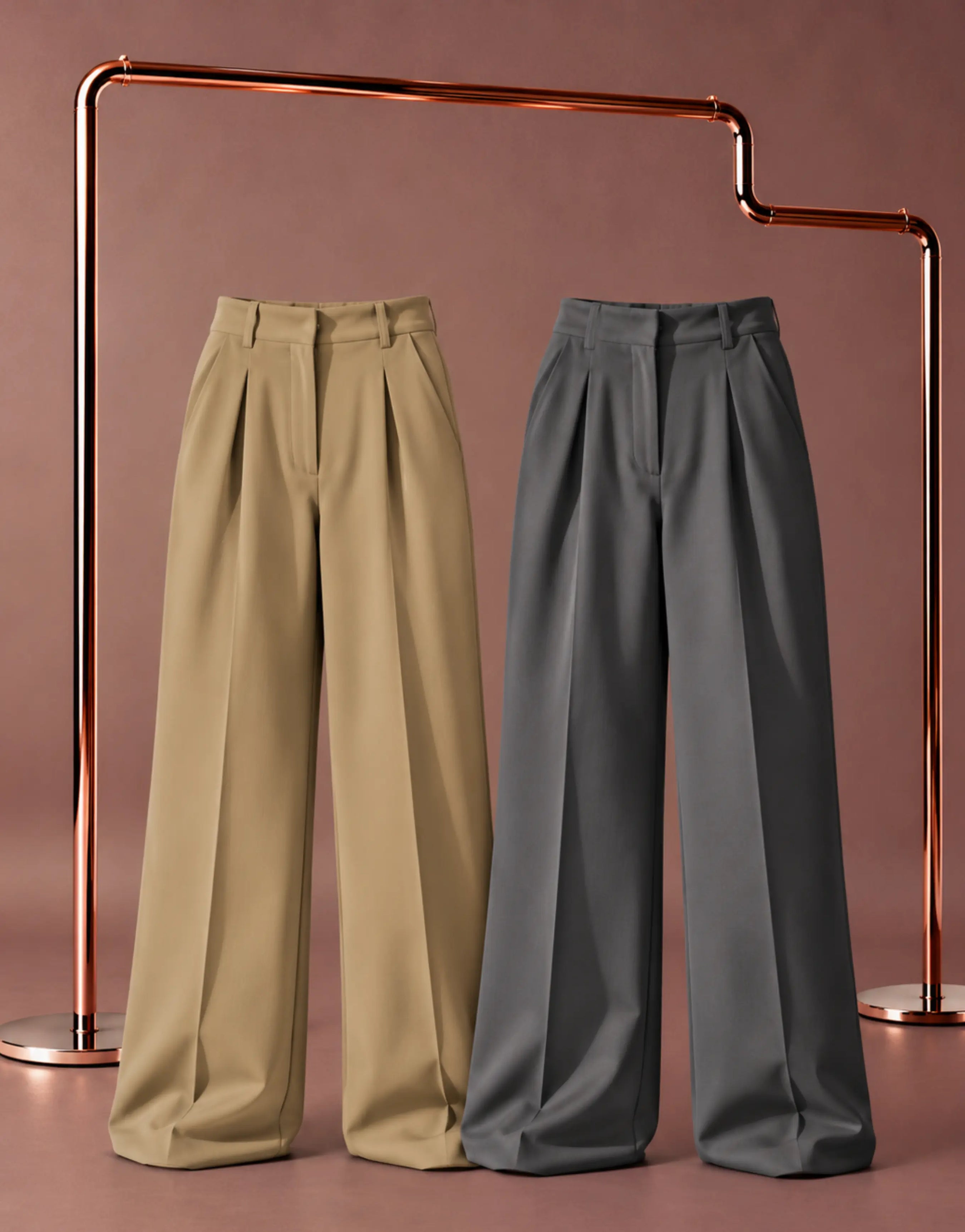 SGW Beige & Gray Tailored Wide-Leg Pants with Elastic Back Belt
