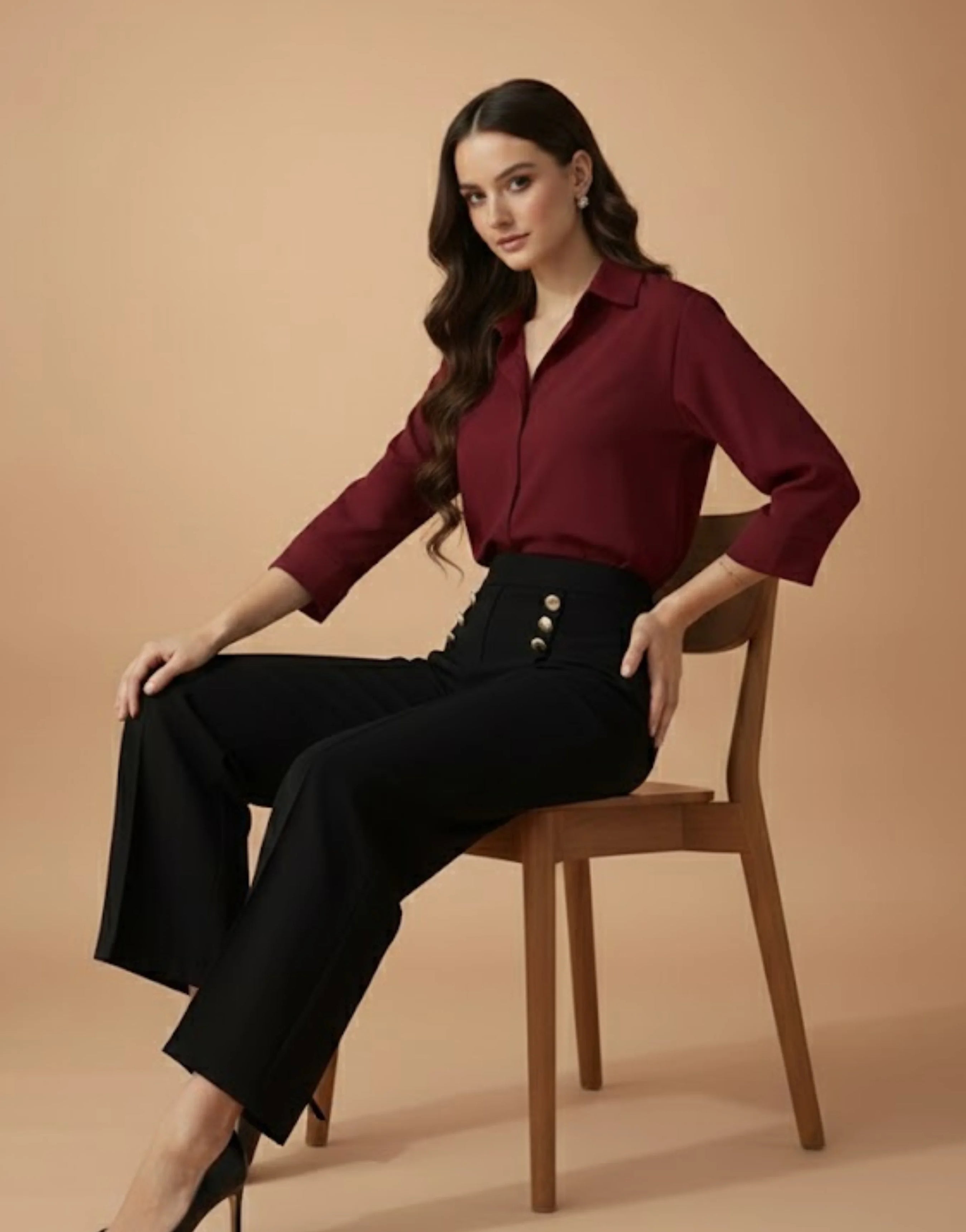 SGW Black High-Rise Long Trousers with Metallic Buttons - SelectGraceWear