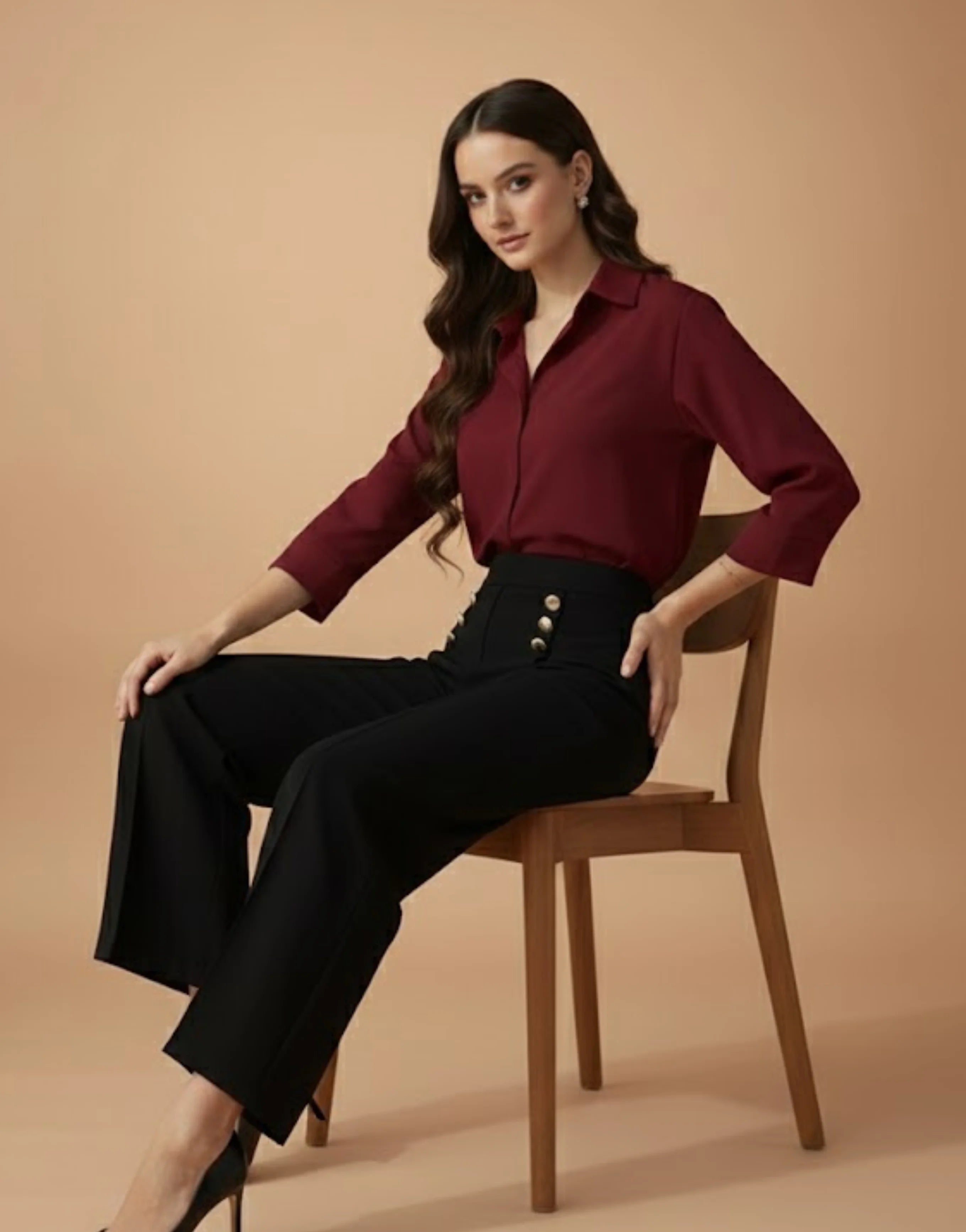 SGW Black High-Rise Long Trousers with Metallic Buttons - SelectGraceWear