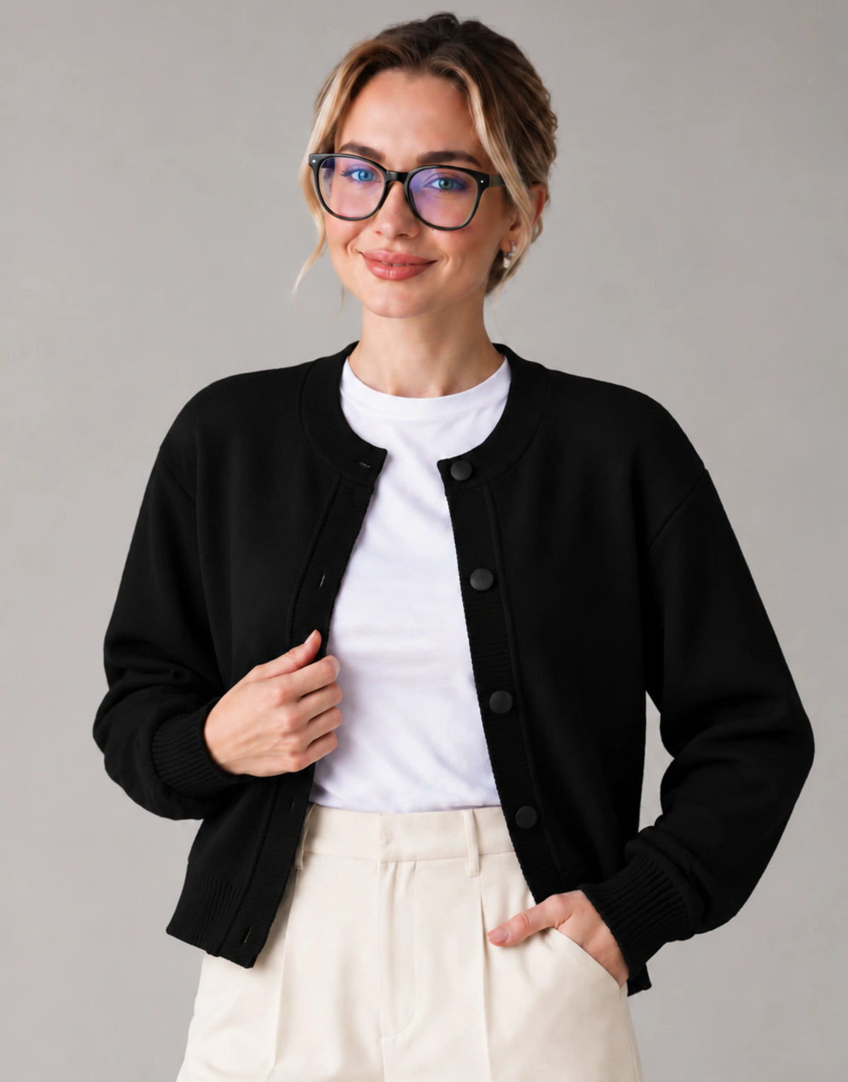 SGW Black Women’s Crew-Neck Cardigan with Complimentary White Tee