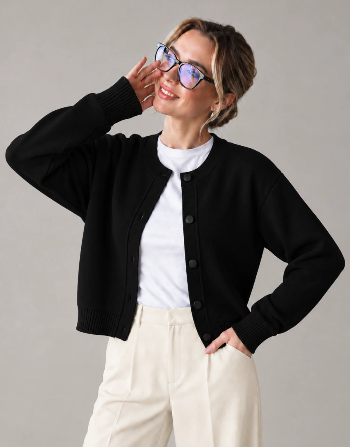 SGW Black Women’s Crew-Neck Cardigan with Complimentary White Tee