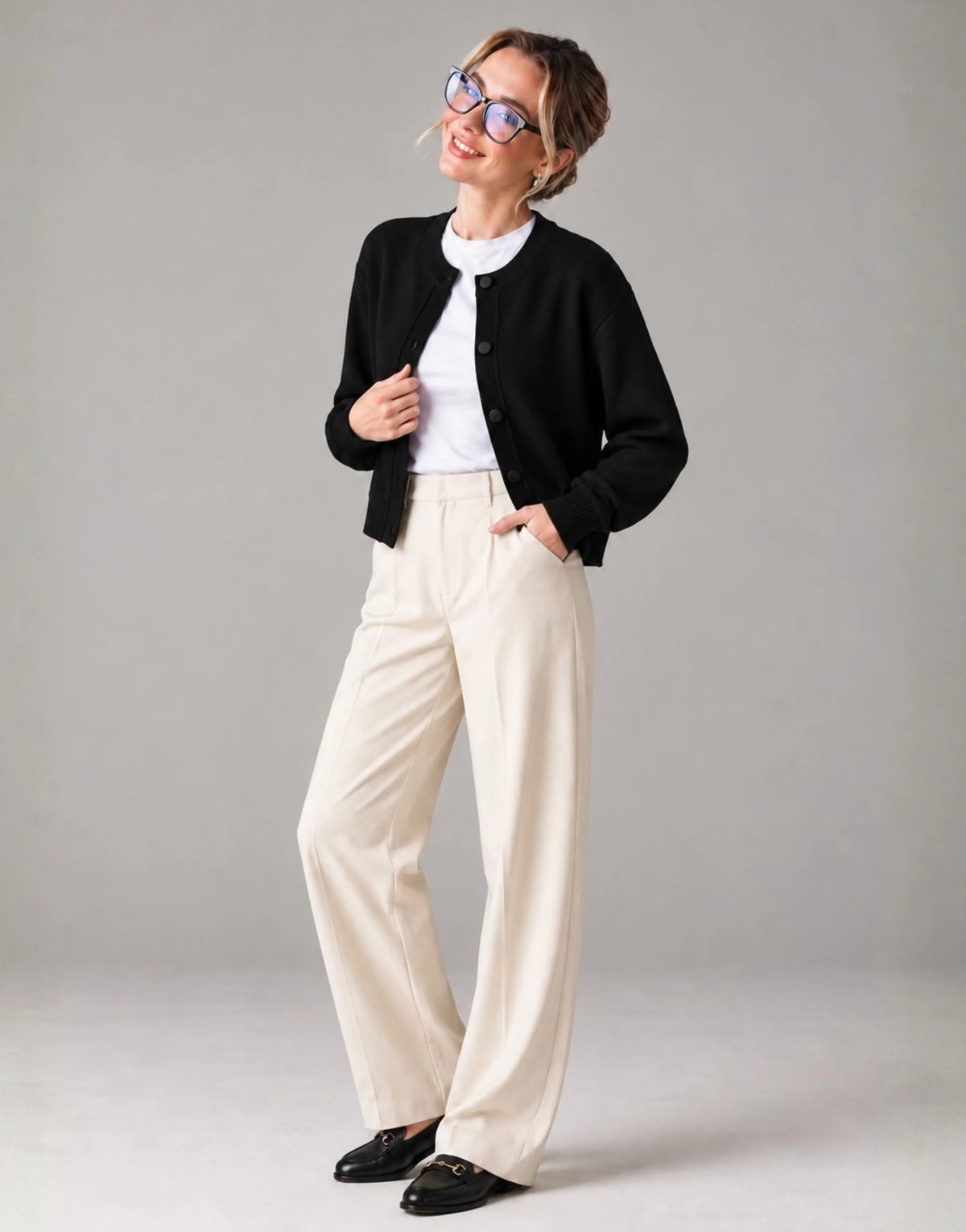 SGW Black Women’s Crew-Neck Cardigan with Complimentary White Tee