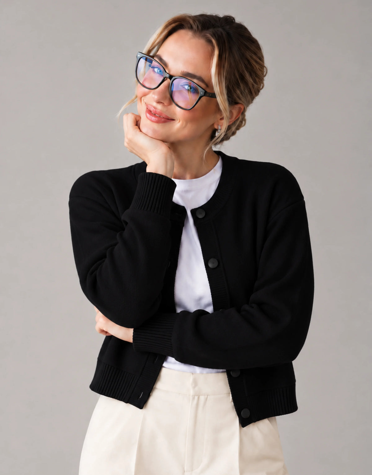 SGW Black Women’s Crew-Neck Cardigan with Complimentary White Tee