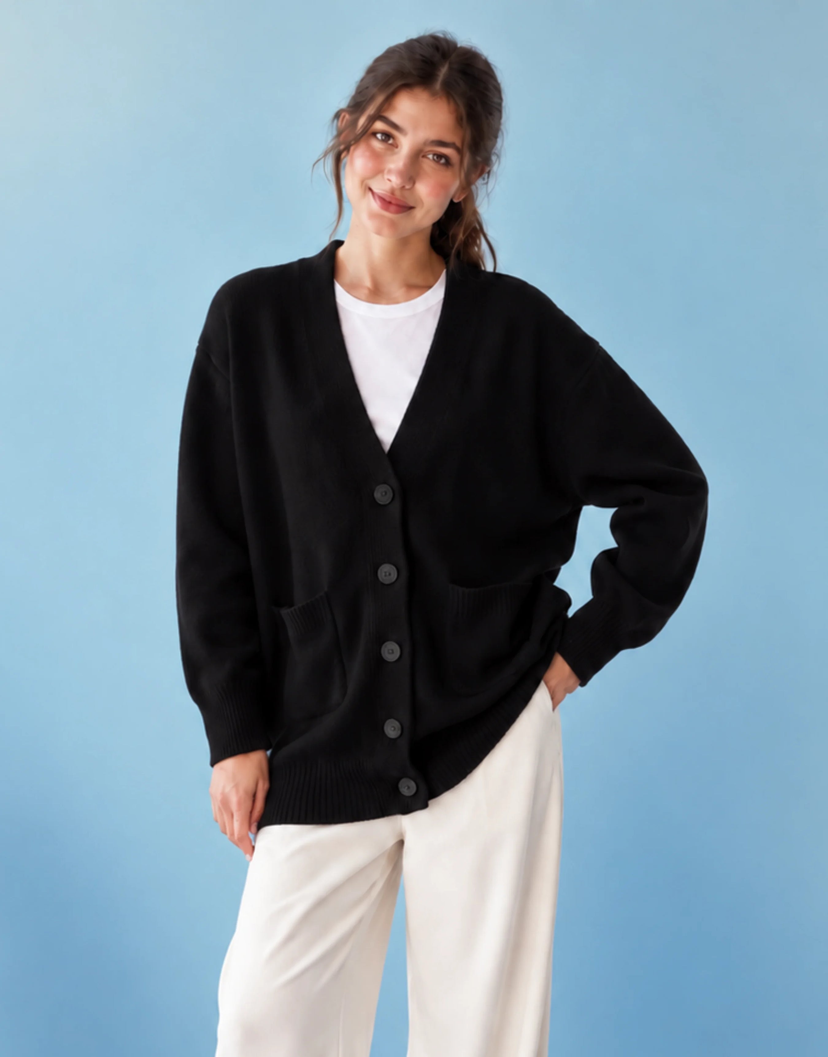 SGW Black Women’s Long V-Neck Cardigan Complimentary White Tee