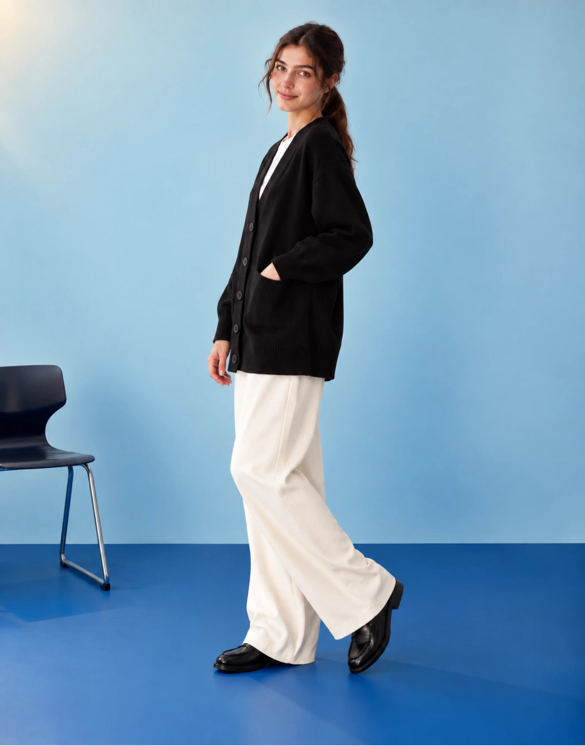 SGW Black Women’s Long V-Neck Cardigan Complimentary White Tee