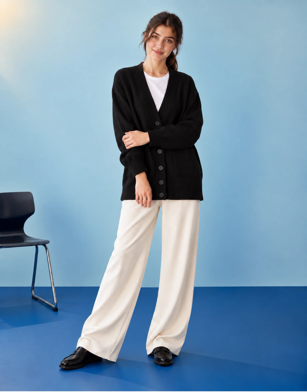 SGW Black Women’s Long V-Neck Cardigan Complimentary White Tee