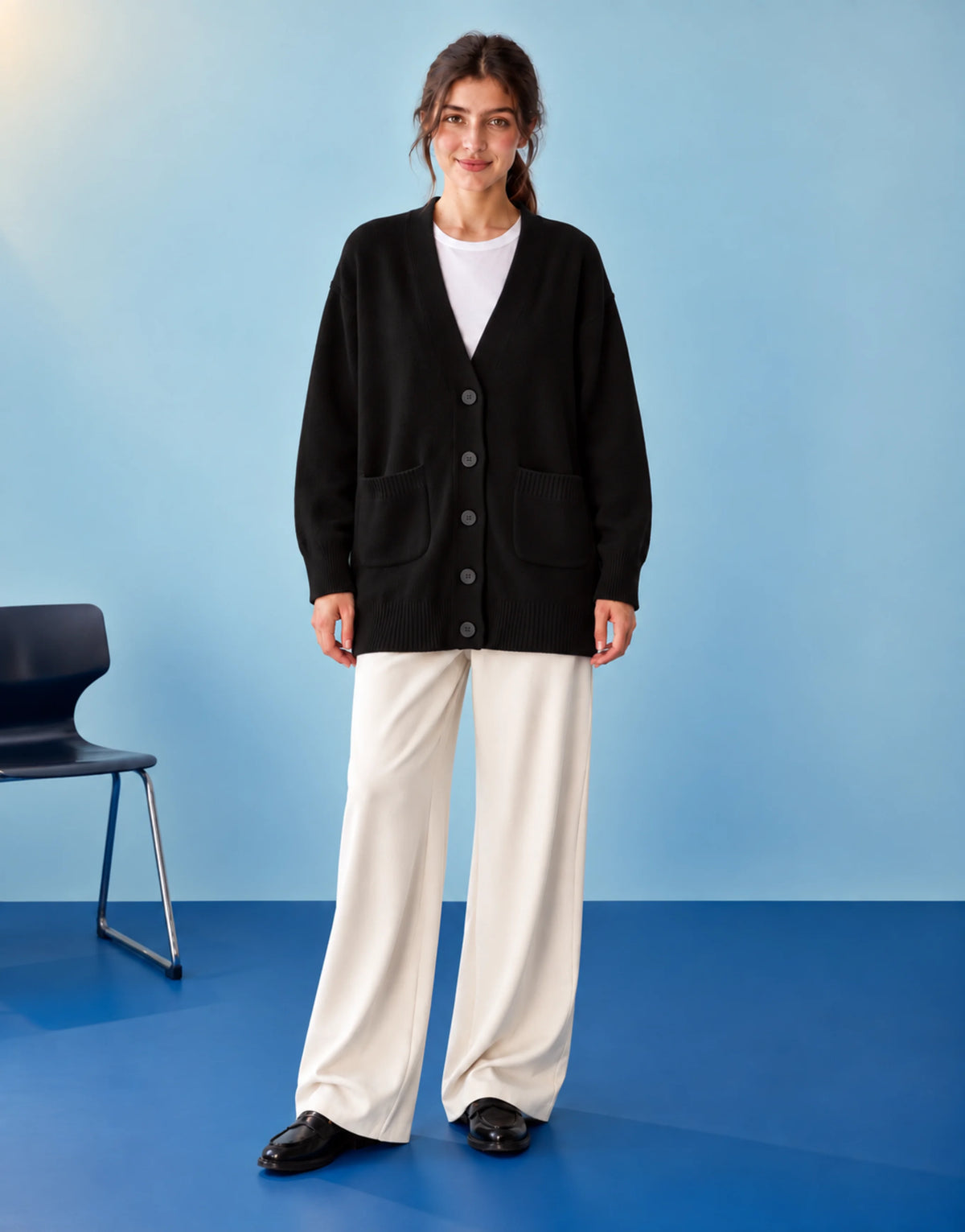 SGW Black Women’s Long V-Neck Cardigan Complimentary White Tee