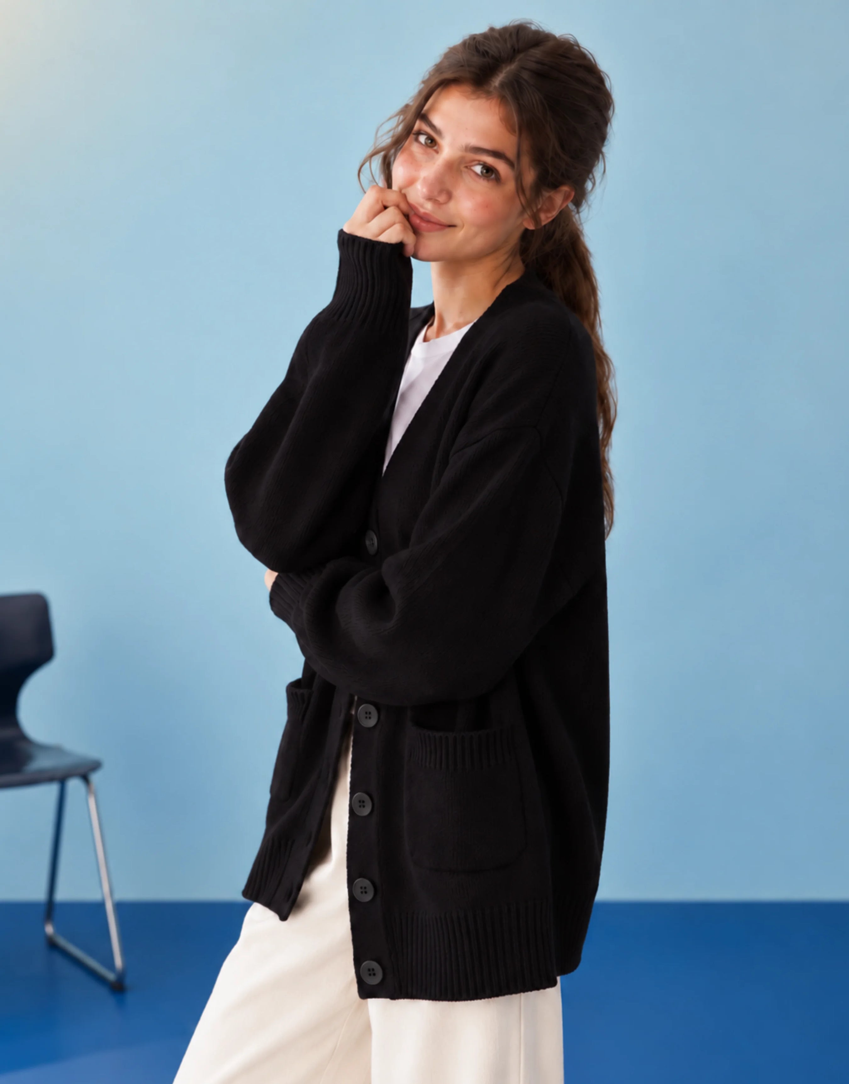 SGW Black Women’s Long V-Neck Cardigan Complimentary White Tee