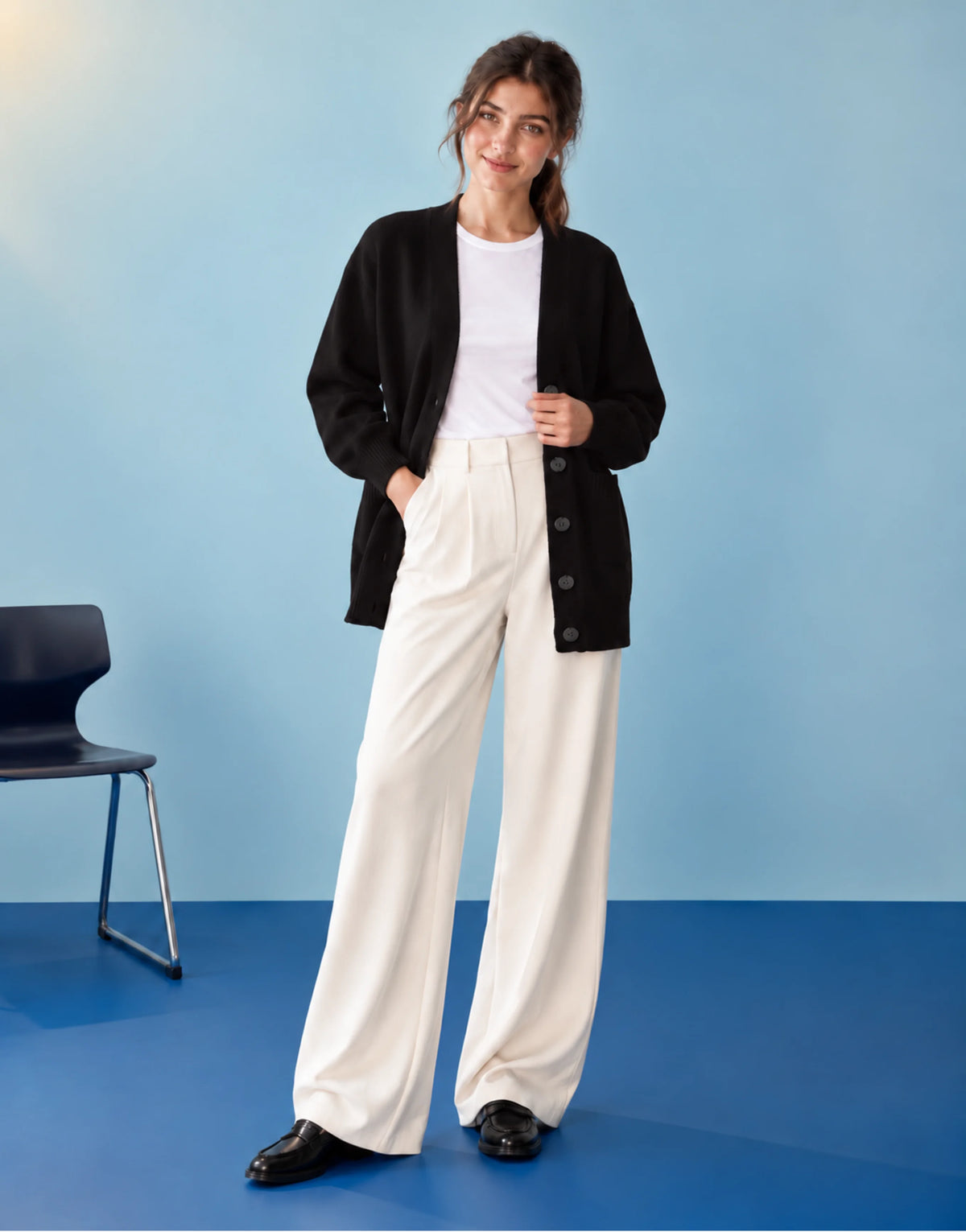 SGW Black Women’s Long V-Neck Cardigan Complimentary White Tee