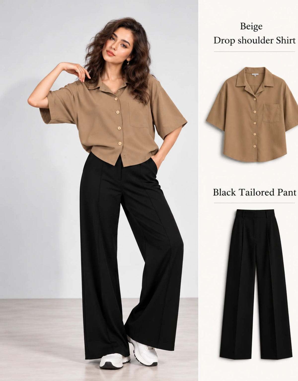 SGW Beige Drop Shoulder Shirt & Black Tailored Wide-Leg Pants