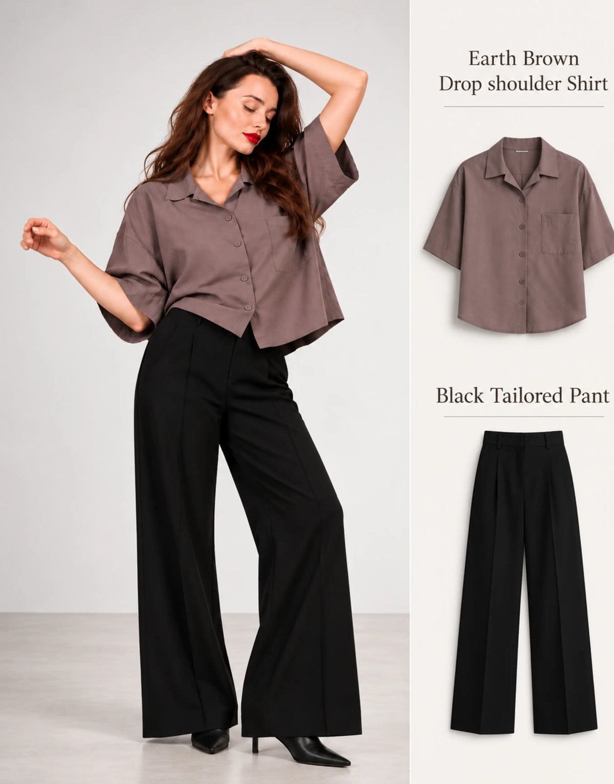 SGW Earth Brown Drop Shoulder Shirt & Black Tailored Wide-Leg Pants