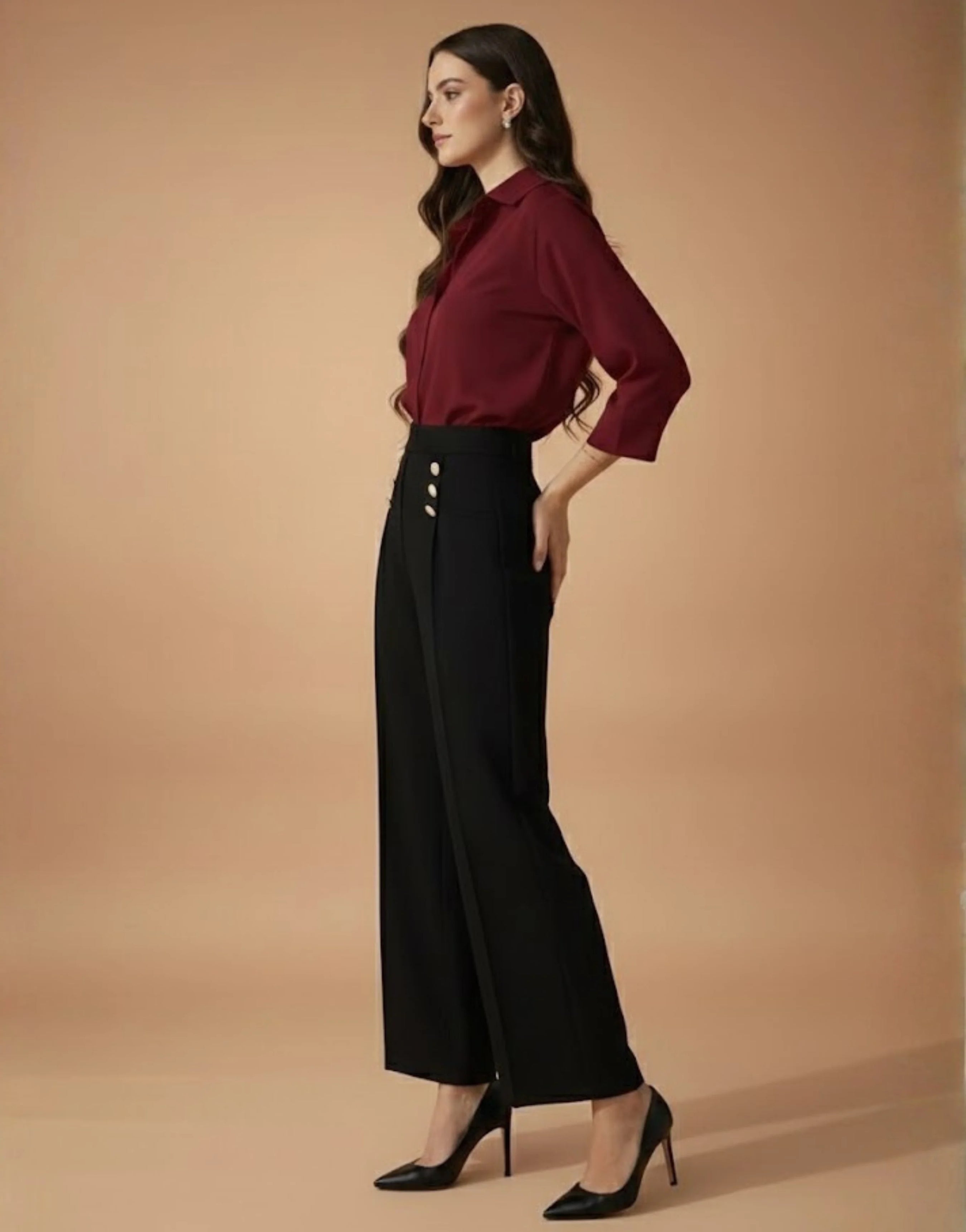 SGW Black High-Rise Long Trousers with Metallic Buttons - SelectGraceWear