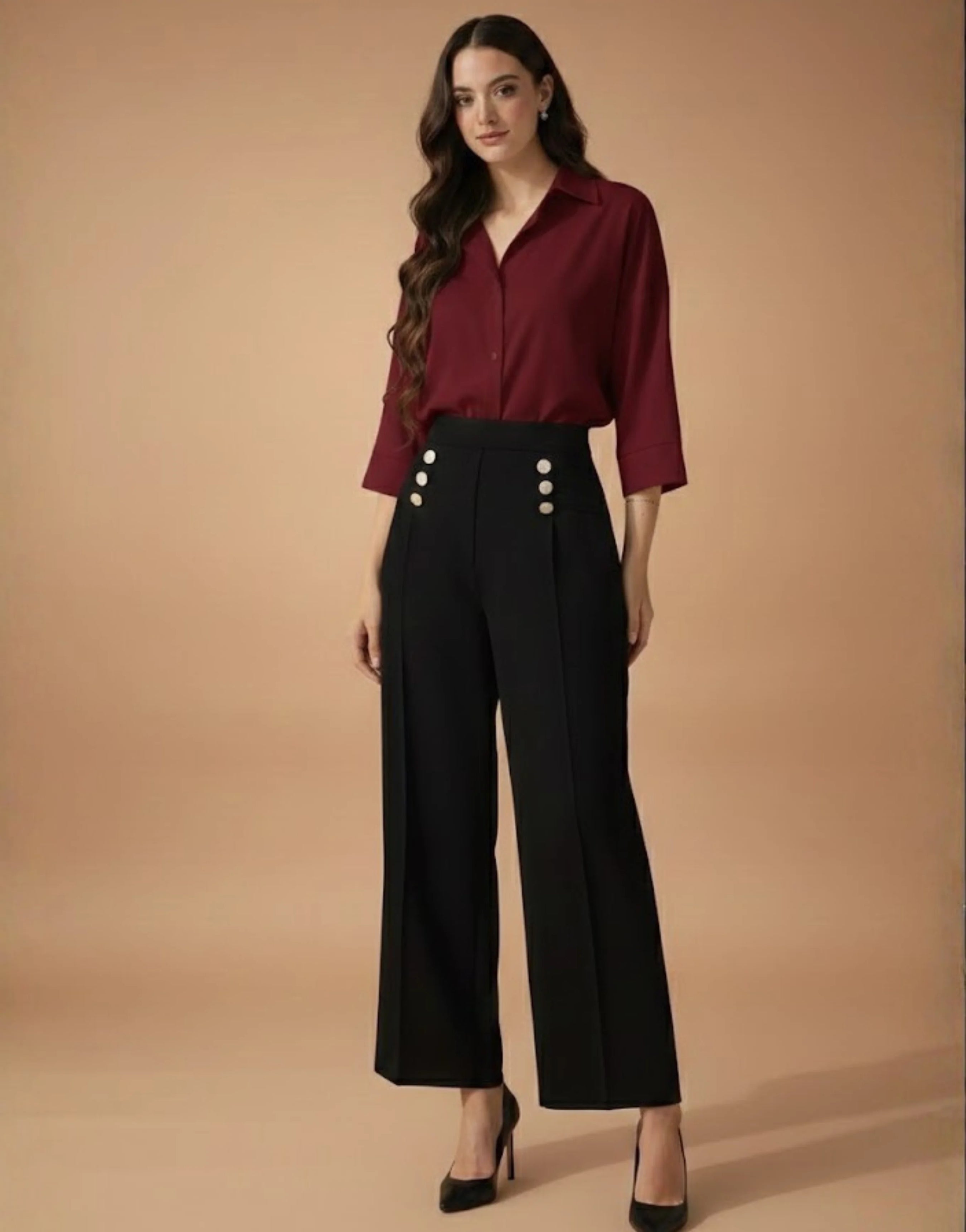 SGW Black High-Rise Long Trousers with Metallic Buttons - SelectGraceWear