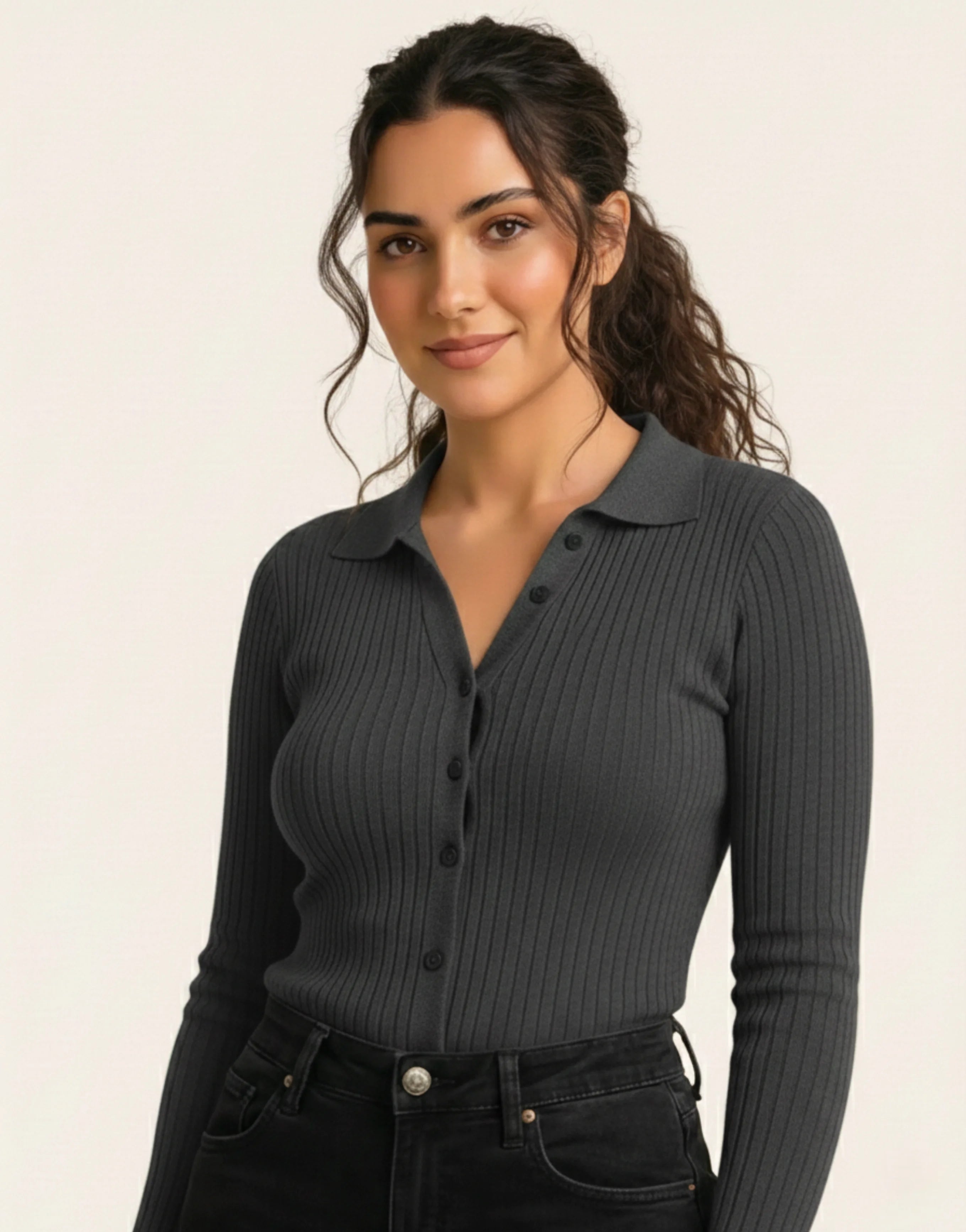 SGW Grey V Neck Knit Shirt Full Button - Full Sleeves - SelectGraceWear