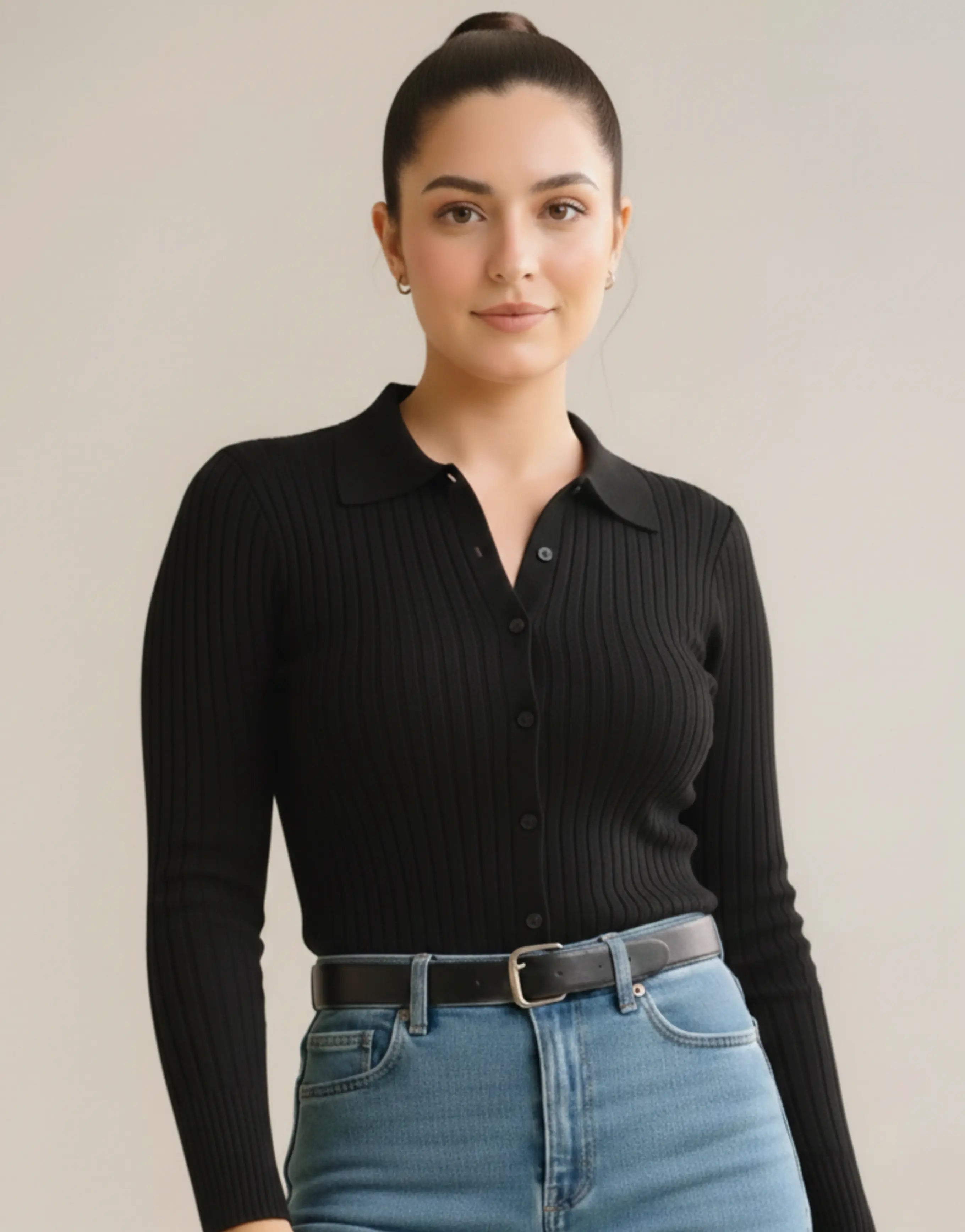 SGW Black V-Neck Knit Shirt Full Button - Full Sleeves