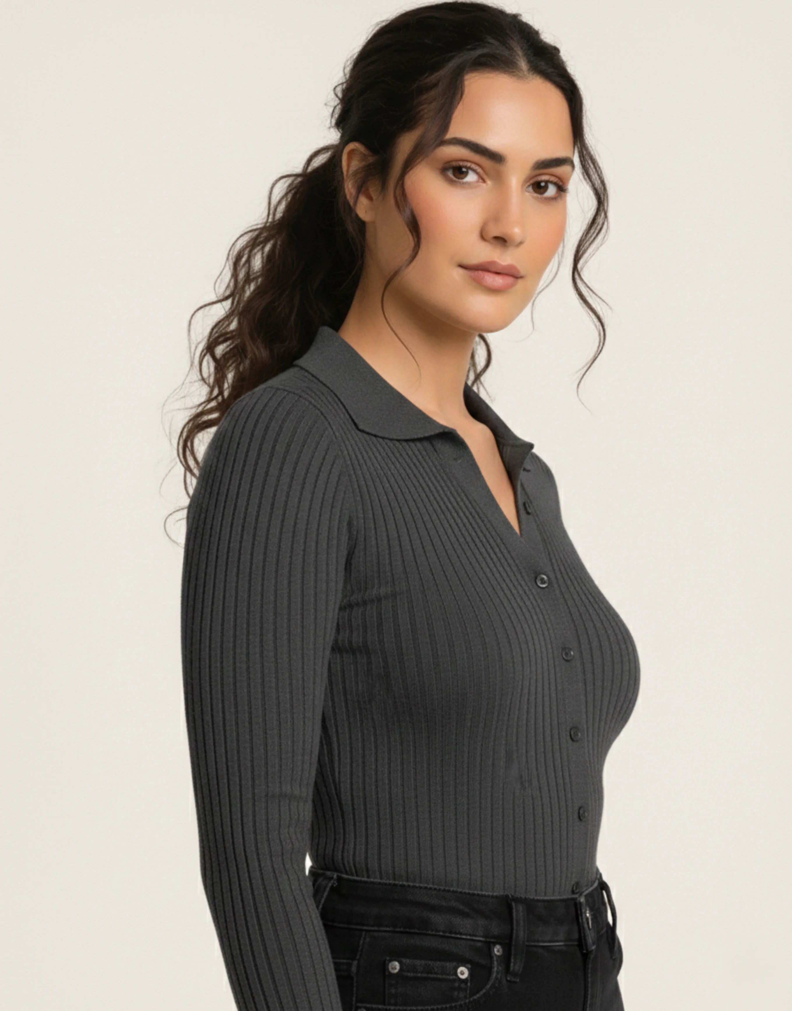 SGW Grey V Neck Knit Shirt Full Button - Full Sleeves - SelectGraceWear