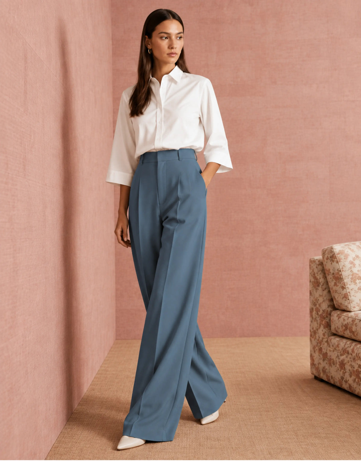 SGW Blue Tailored Wide-Leg Pants with Elastic Back Belt