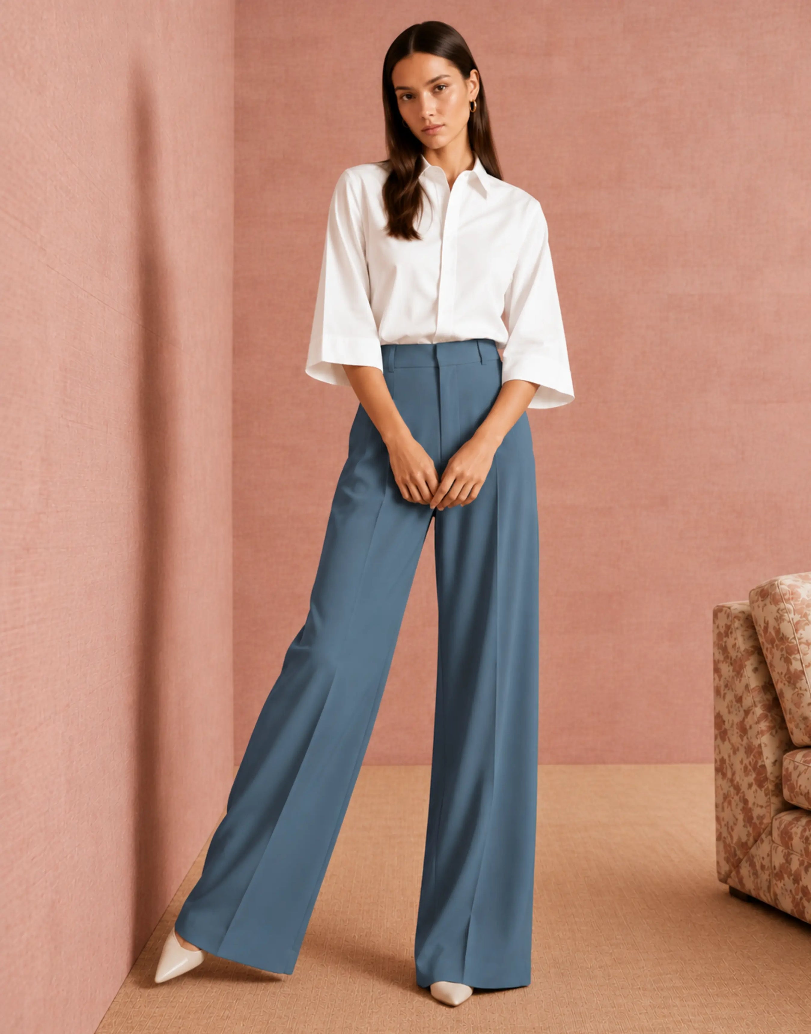 SGW Blue Tailored Wide-Leg Pants with Elastic Back Belt