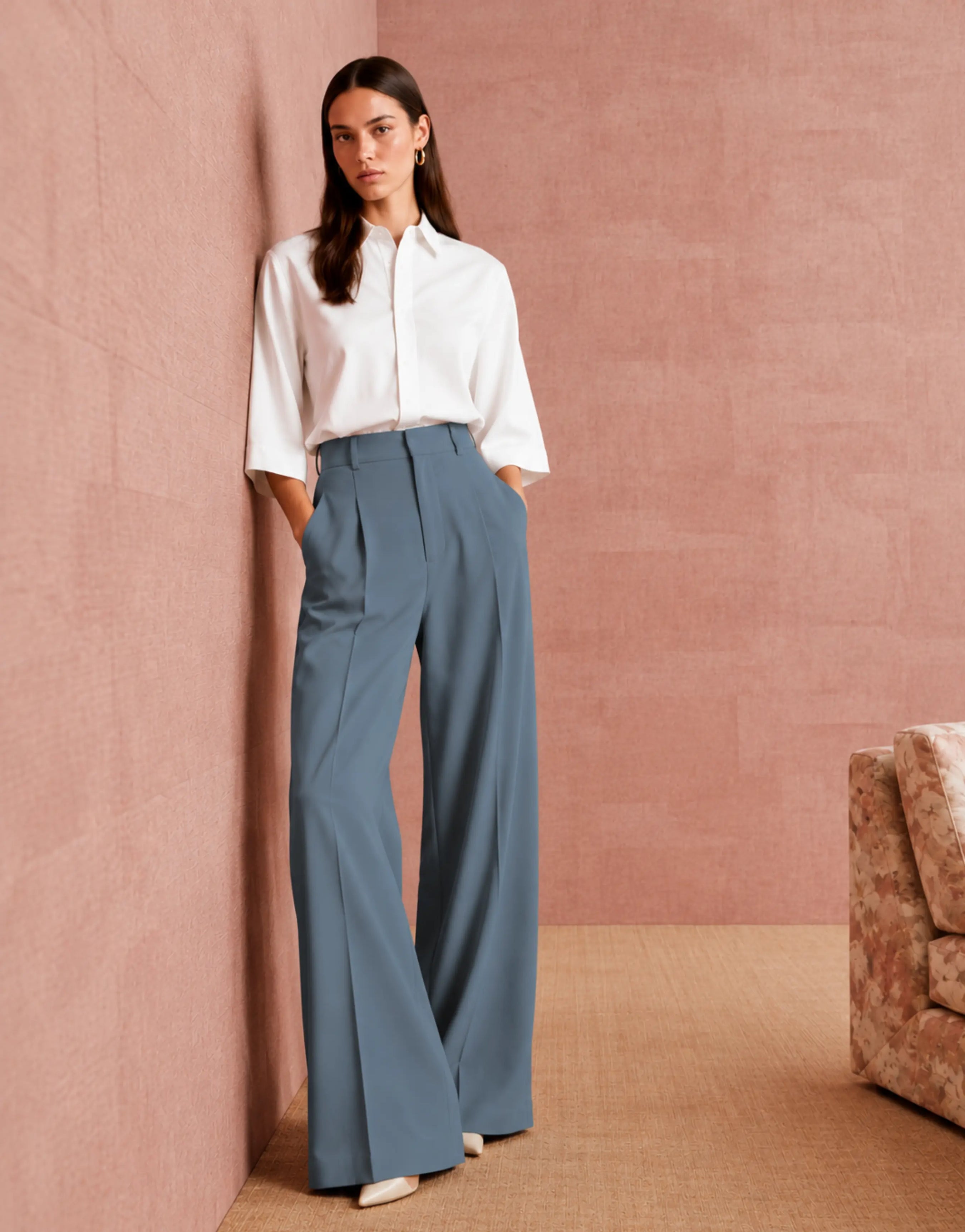 SGW Blue Tailored Wide-Leg Pants with Elastic Back Belt