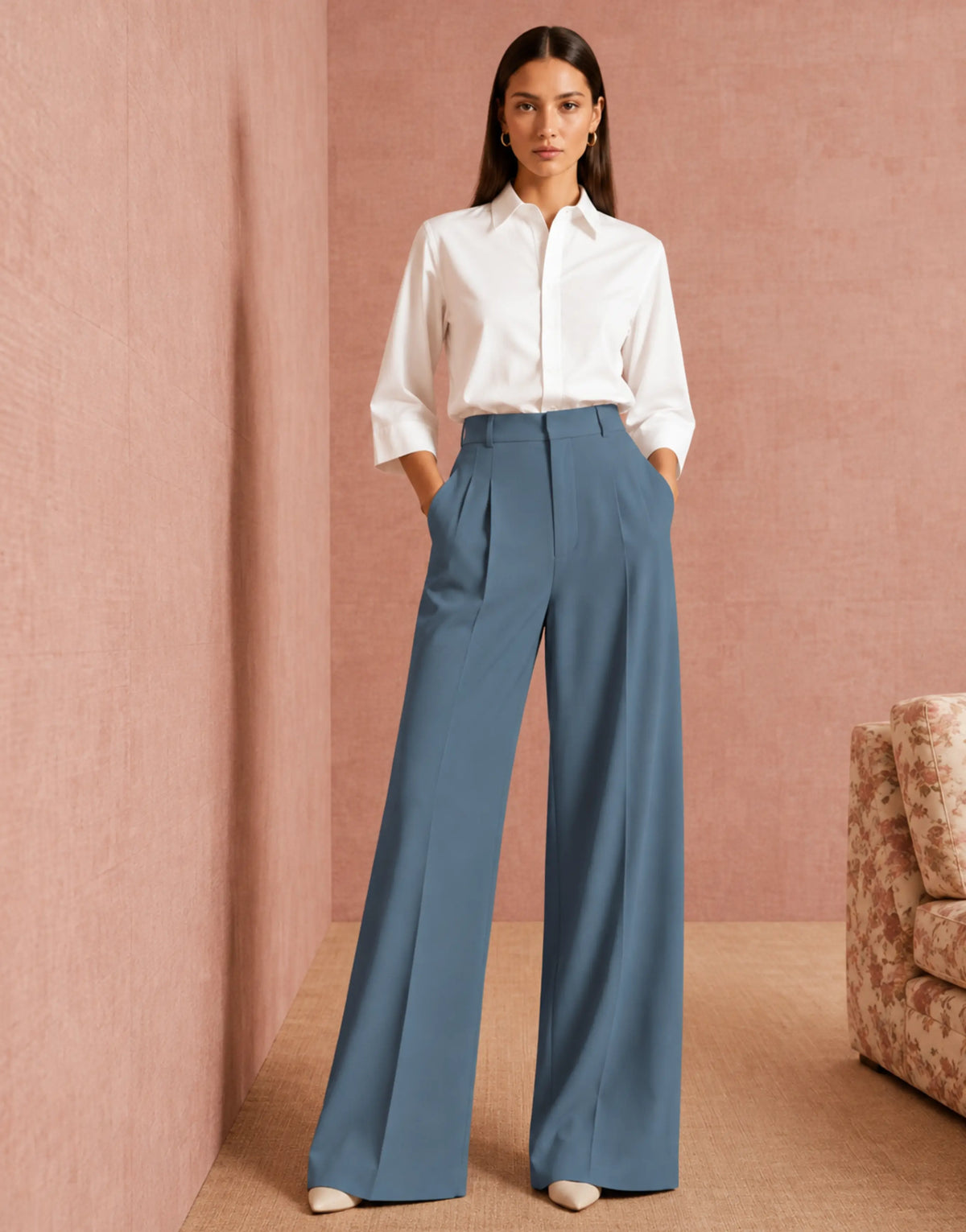 SGW Blue Tailored Wide-Leg Pants with Elastic Back Belt