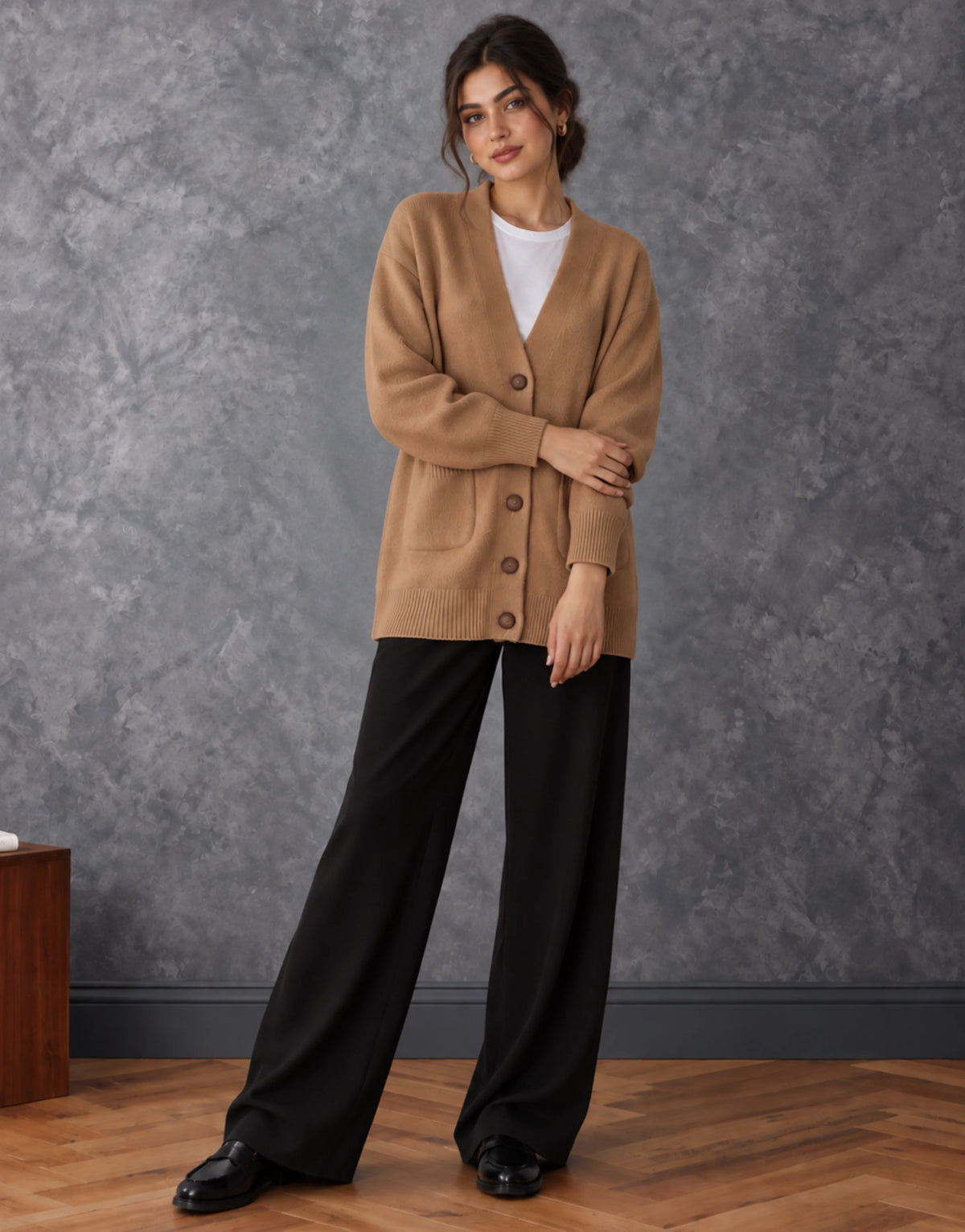SGW Brown Women’s Long V-Neck Cardigan with Complimentary White Tee