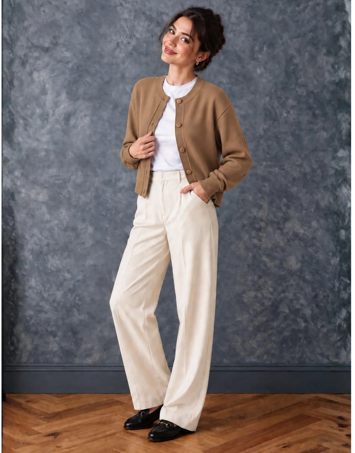 SGW Brown Women’s Crew-Neck Cardigan with Complimentary White Tee