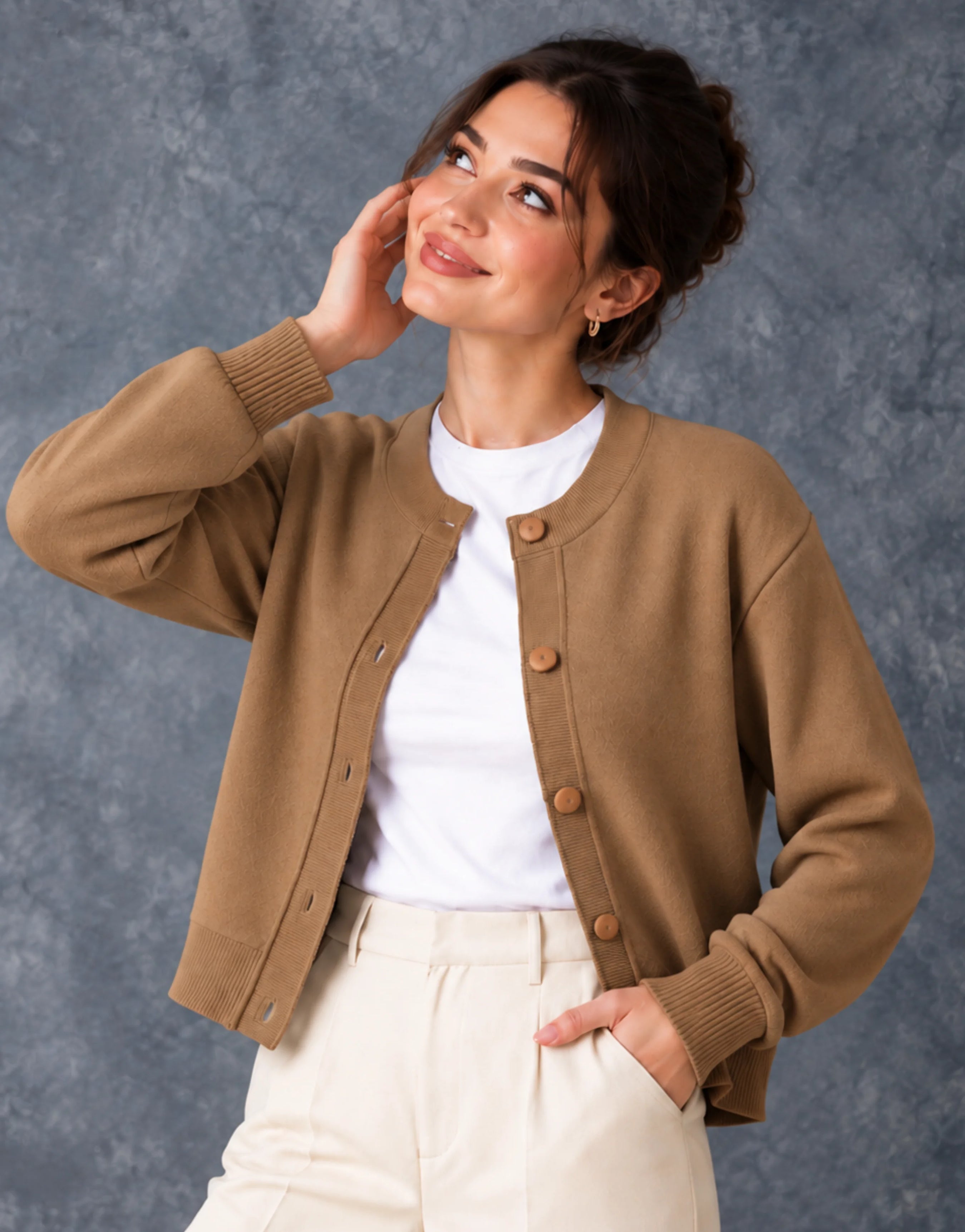 SGW Brown Women’s Crew-Neck Cardigan with Complimentary White Tee