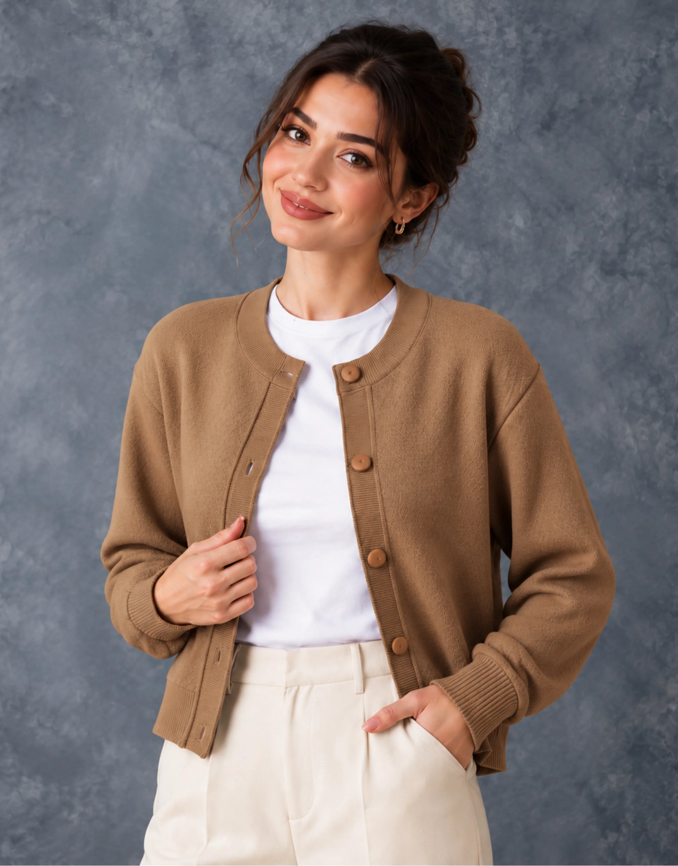 SGW Brown Women’s Crew-Neck Cardigan with Complimentary White Tee