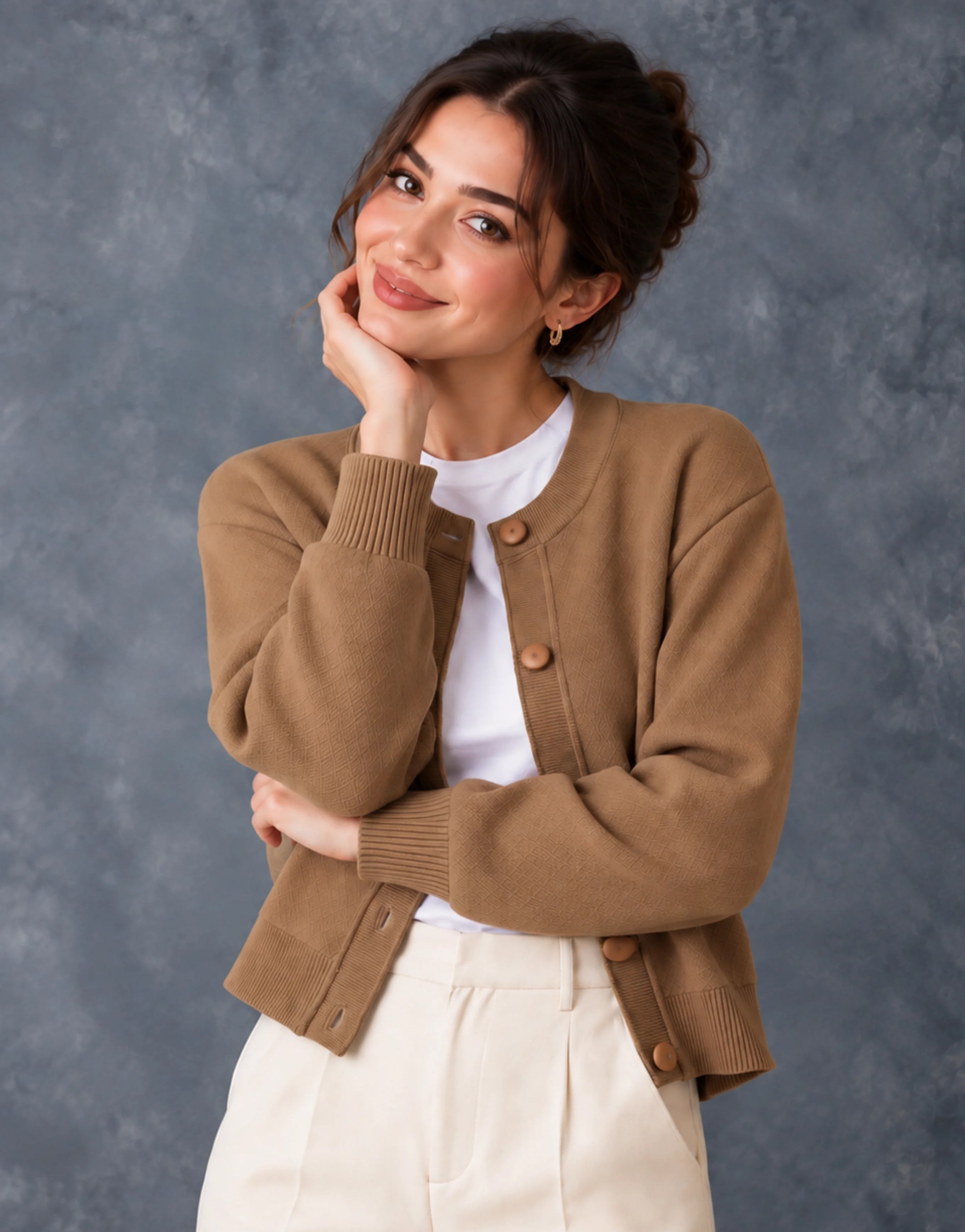 SGW Brown Women’s Crew-Neck Cardigan with Complimentary White Tee