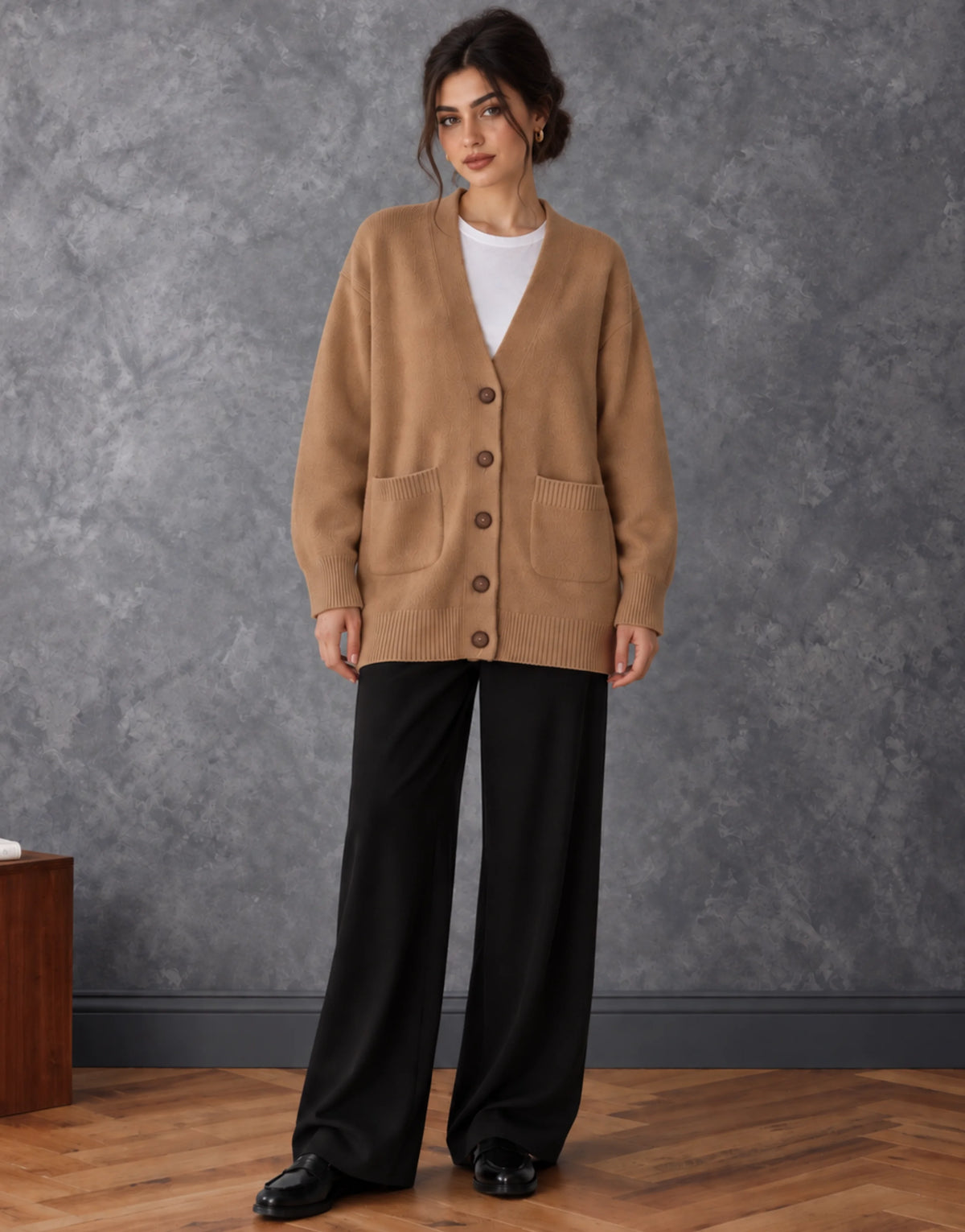SGW Brown Women’s Long V-Neck Cardigan with Complimentary White Tee