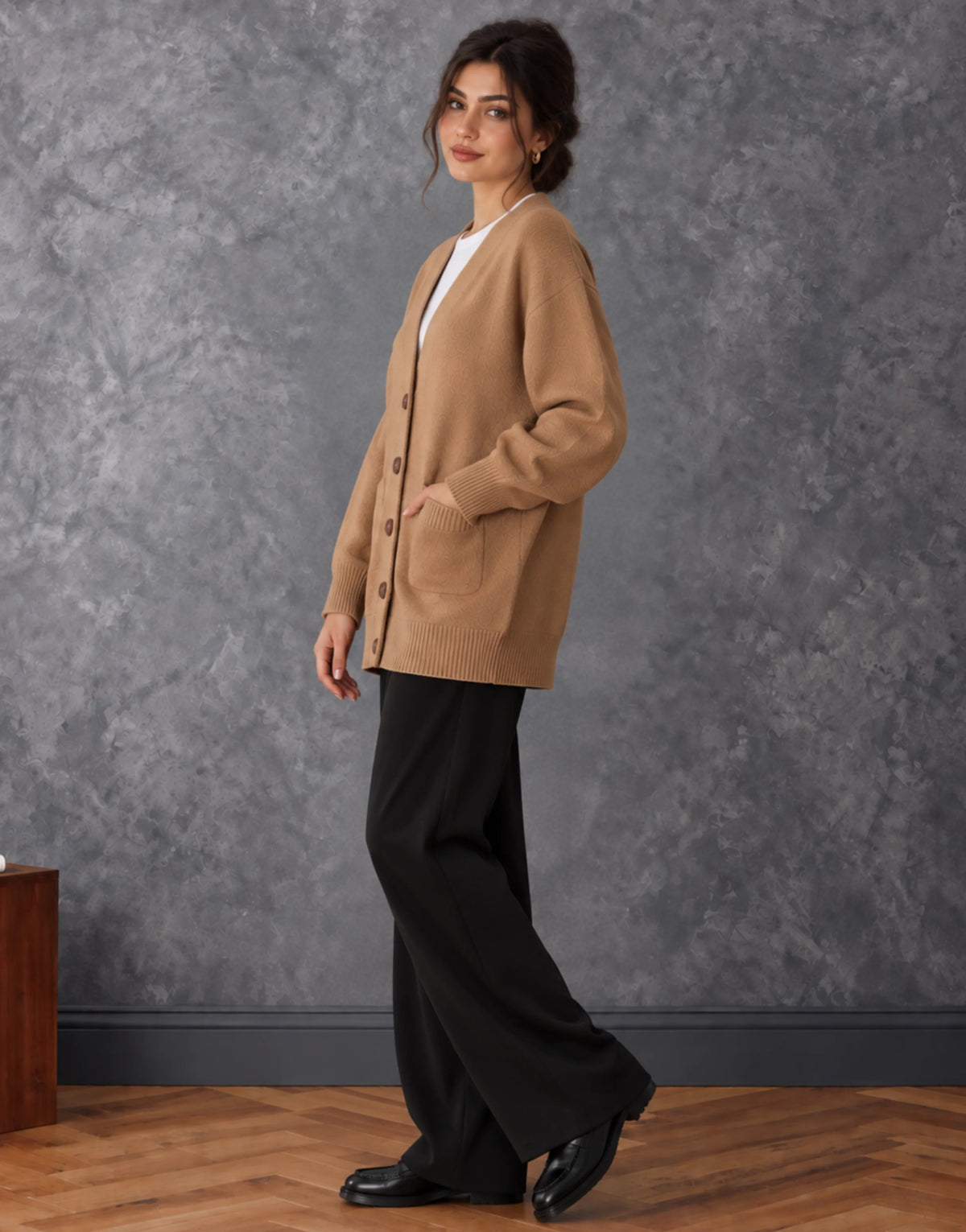 SGW Brown Women’s Long V-Neck Cardigan with Complimentary White Tee