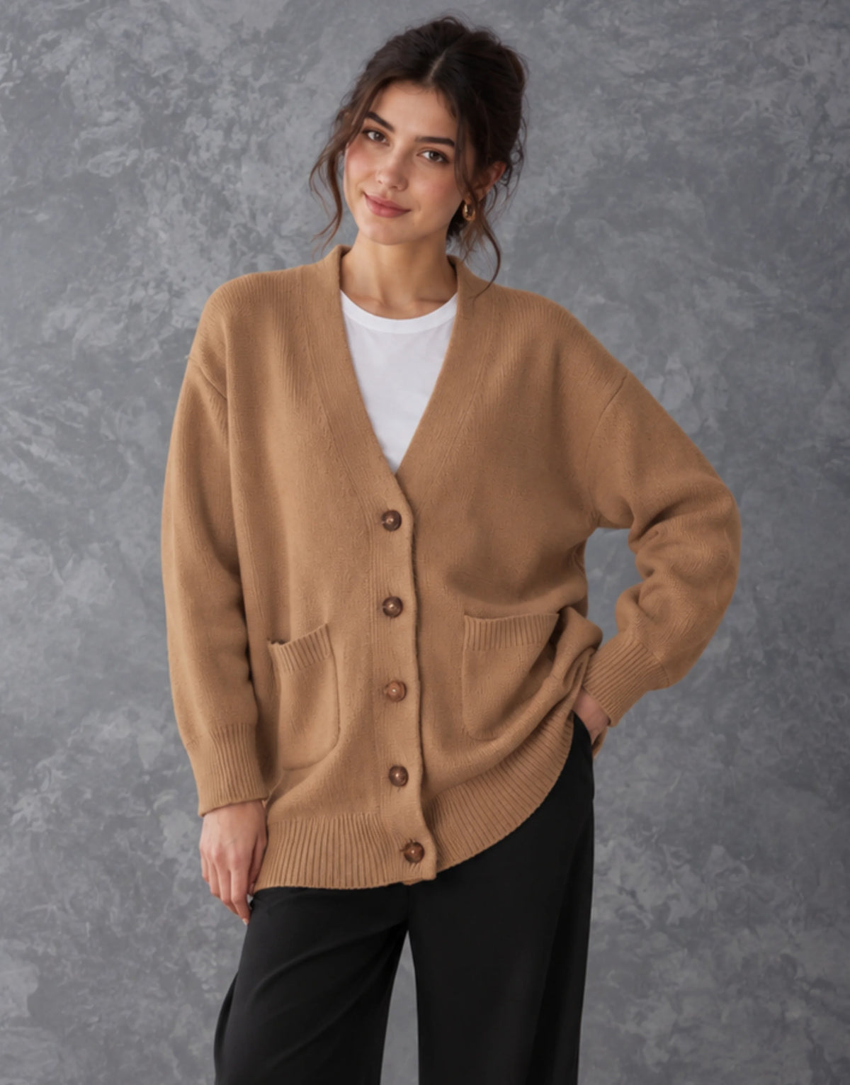 SGW Brown Women’s Long V-Neck Cardigan with Complimentary White Tee