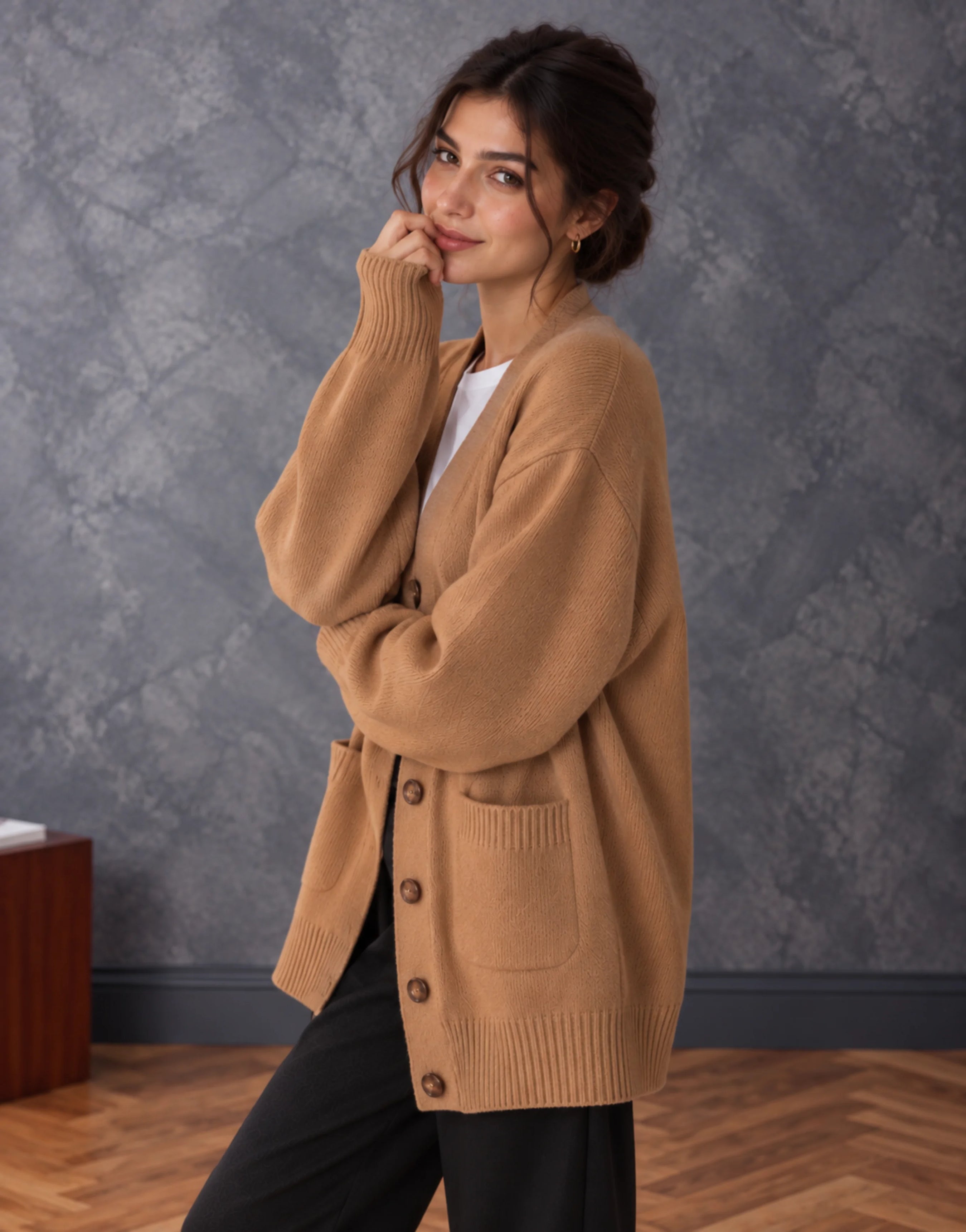 SGW Brown Women’s Long V-Neck Cardigan with Complimentary White Tee
