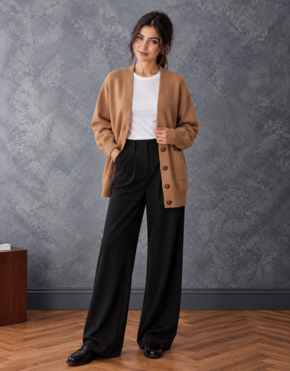 SGW Brown Women’s Long V-Neck Cardigan with Complimentary White Tee