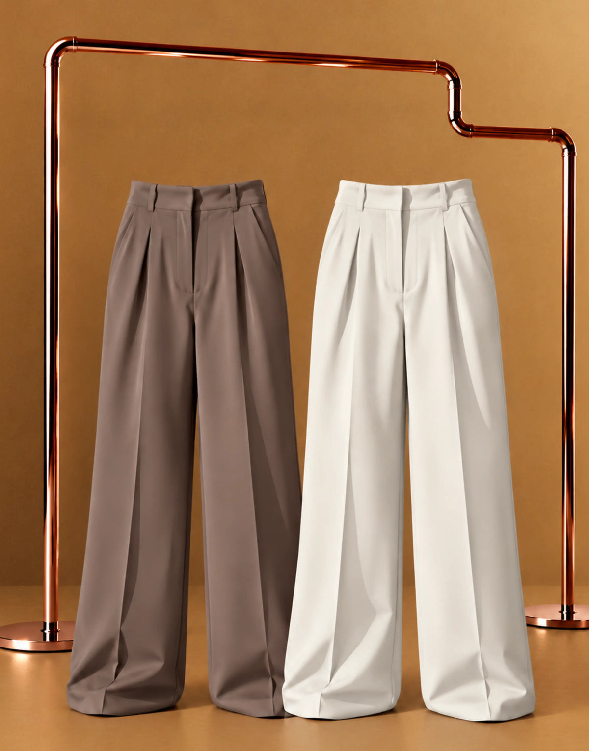 SGW Earth Brown & White Tailored Wide-Leg Pants with Elastic Back Belt