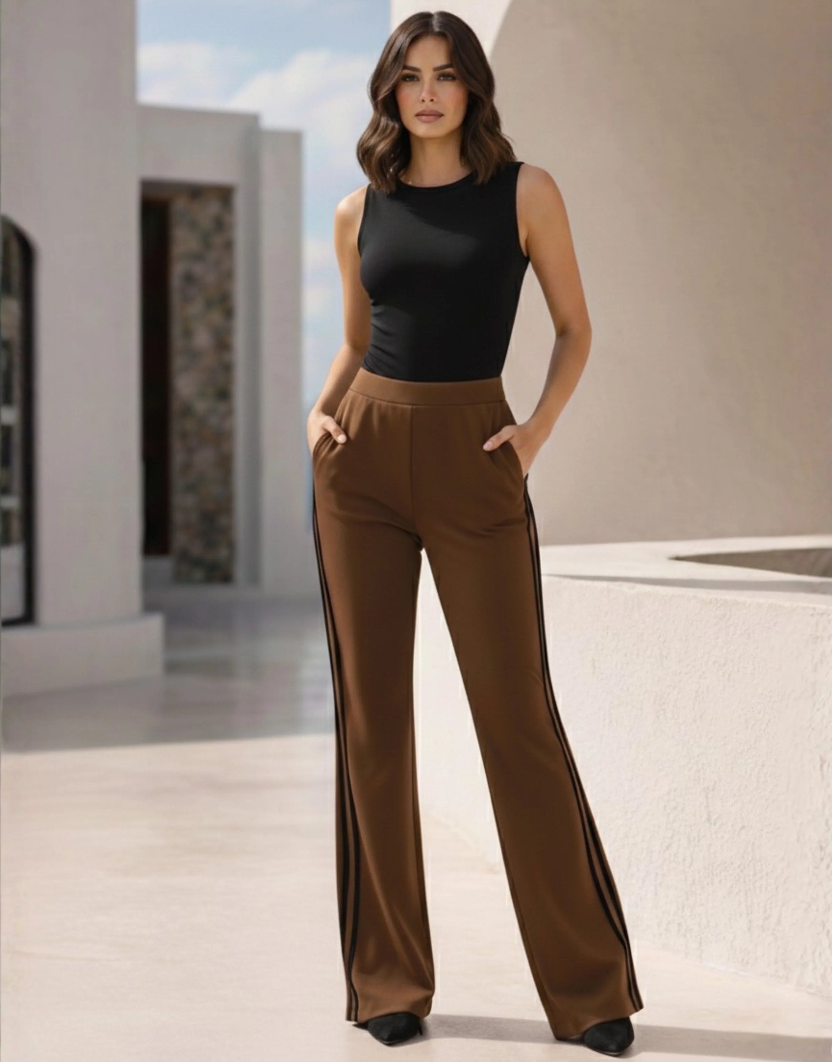 SGW Mocha Brown Flare Trousers with Side Stripe - SelectGraceWear