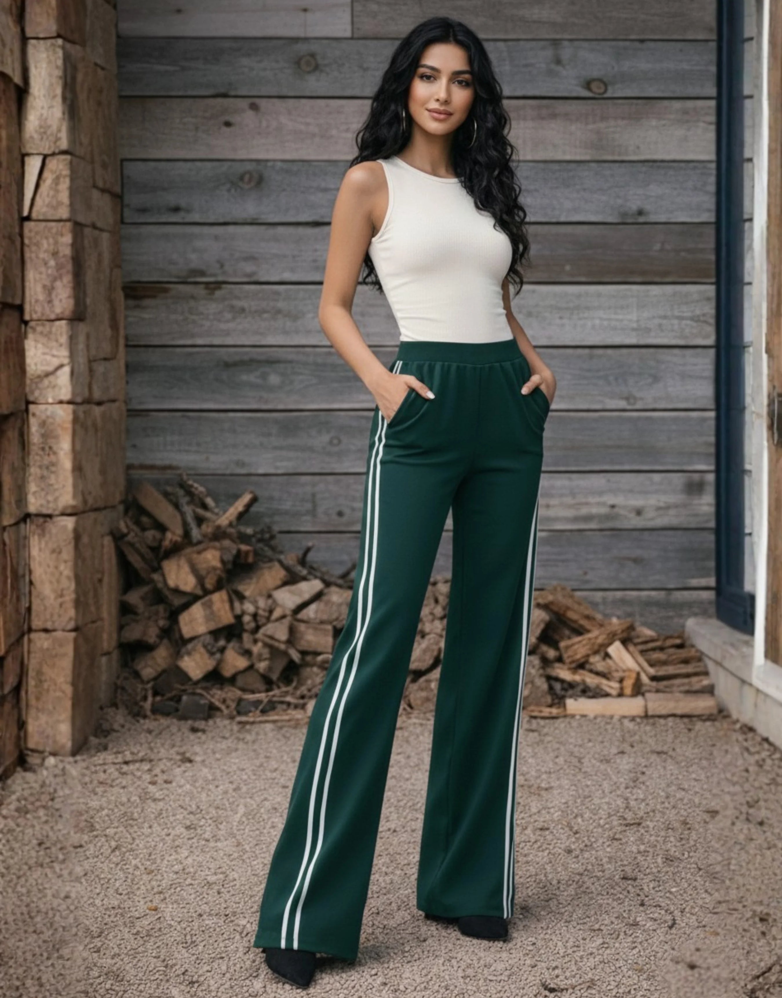 SGW Deep Green Flare Trousers with Side Stripe - SelectGraceWear