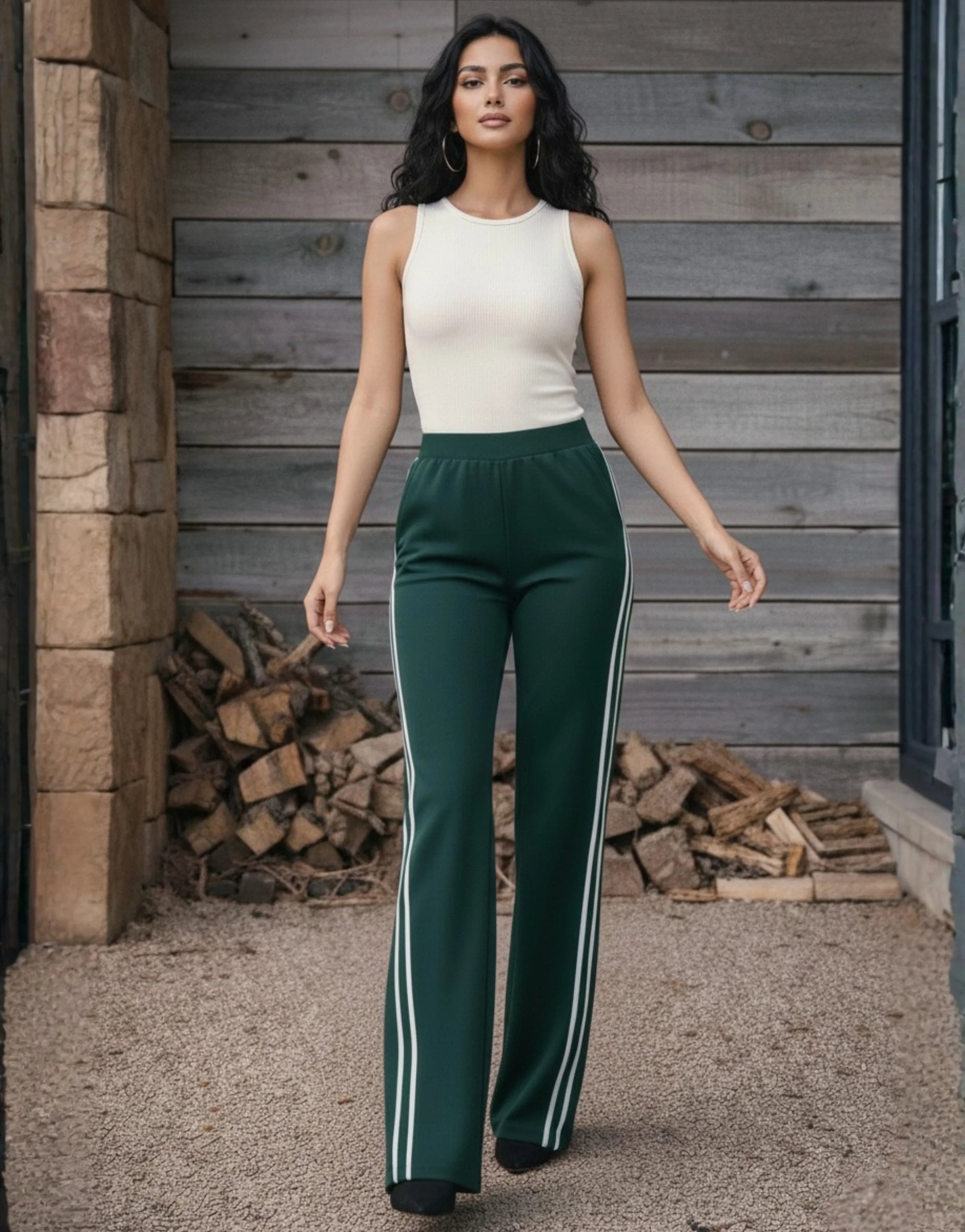 SGW Deep Green Flare Trousers with Side Stripe - SelectGraceWear