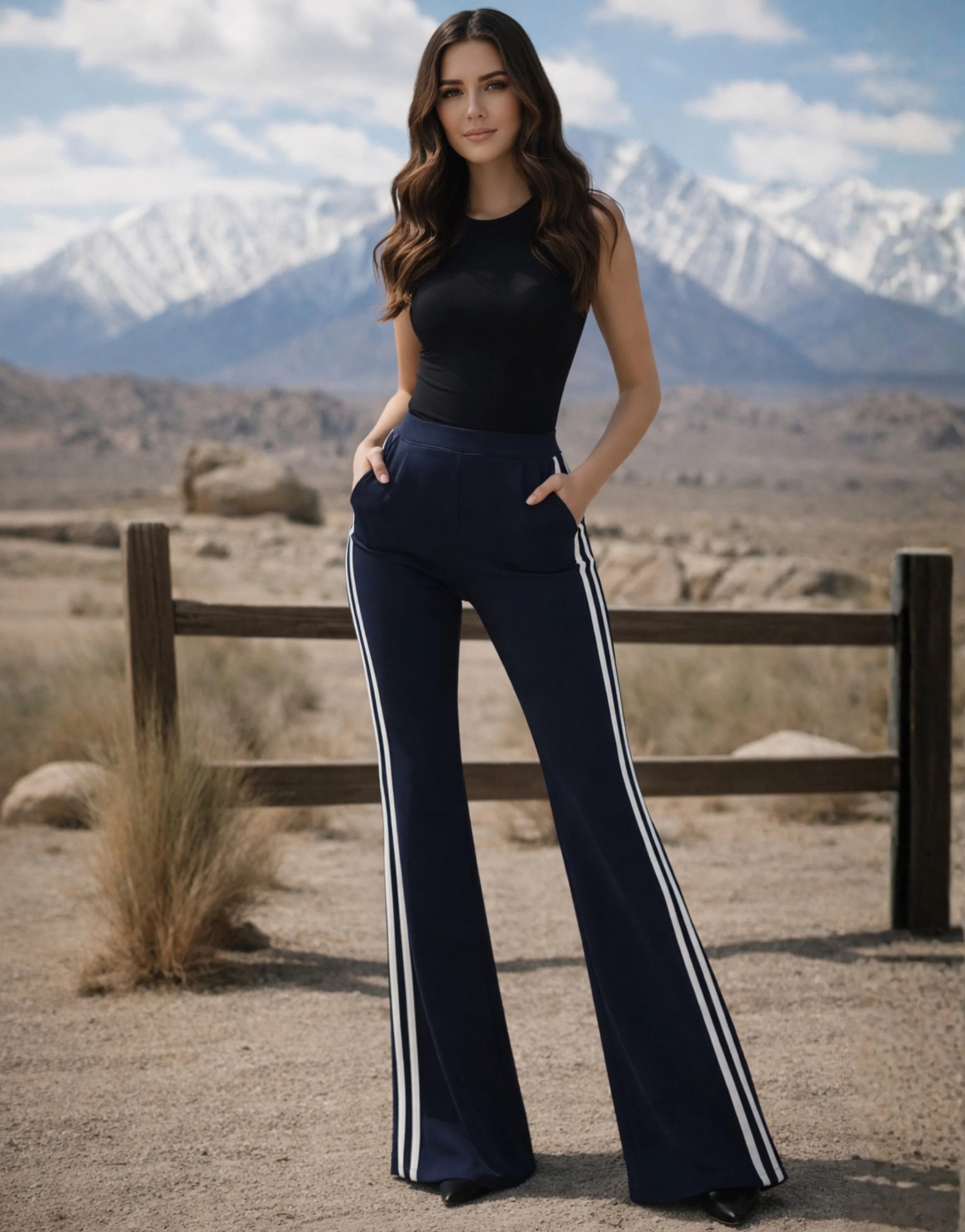 SGW Navy Blue Flare Trousers with Side Stripe - SelectGraceWear