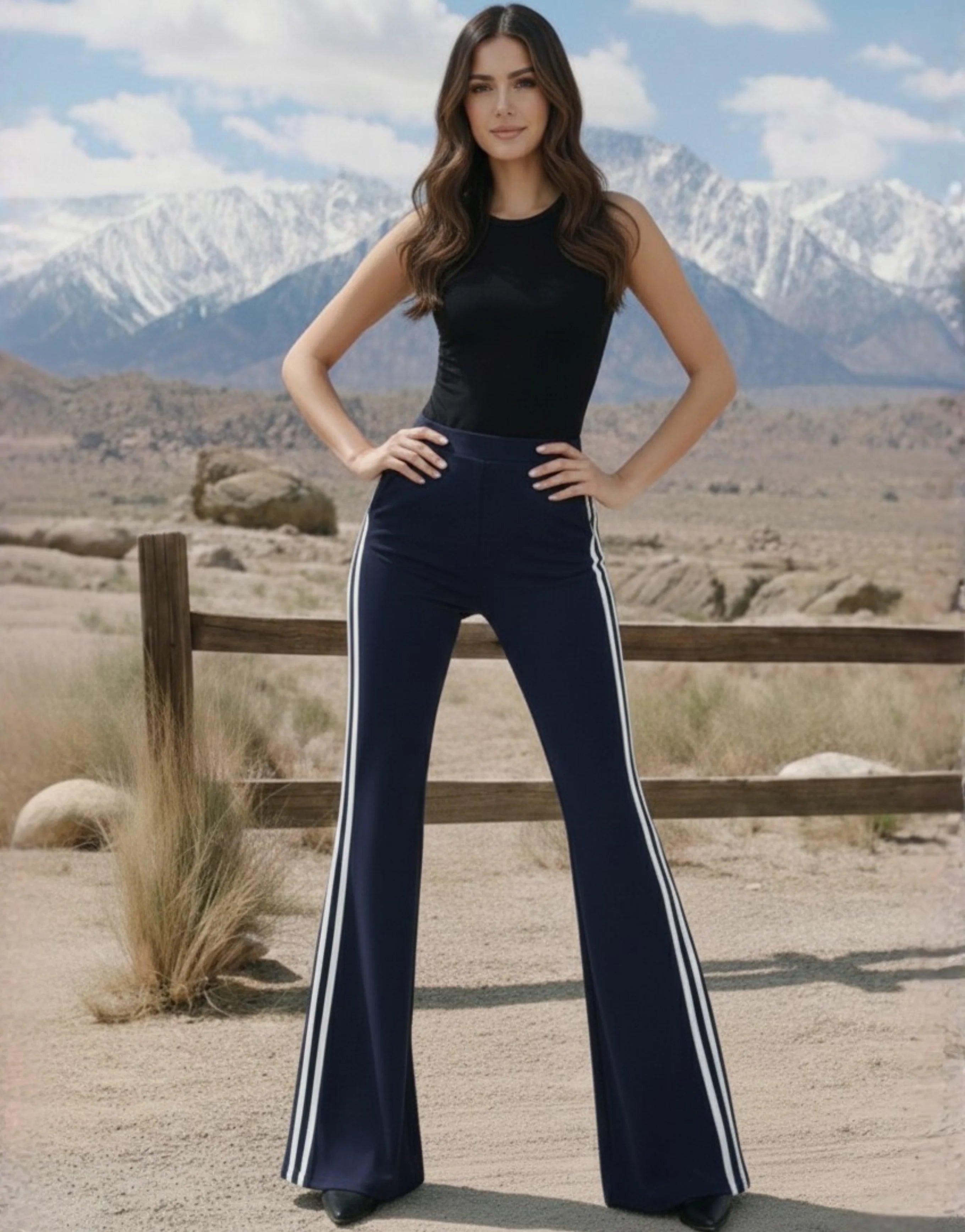 SGW Navy Blue Flare Trousers with Side Stripe - SelectGraceWear