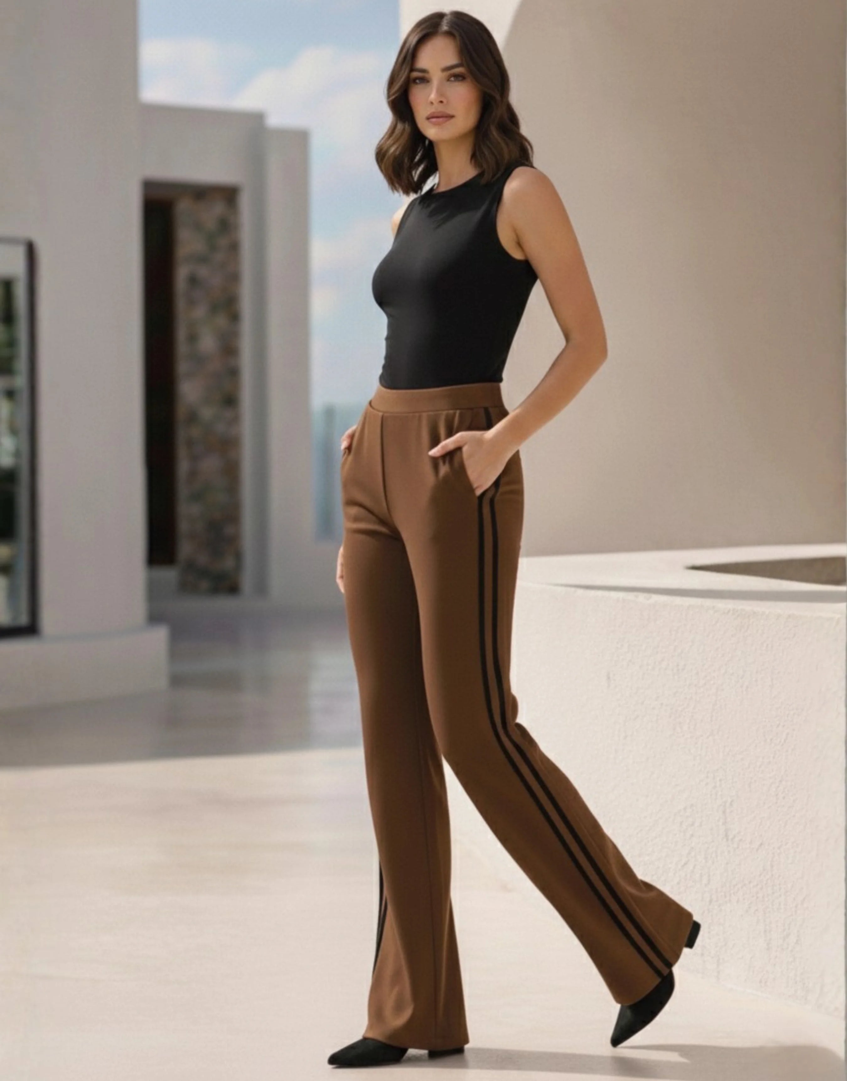 SGW Mocha Brown Flare Trousers with Side Stripe - SelectGraceWear