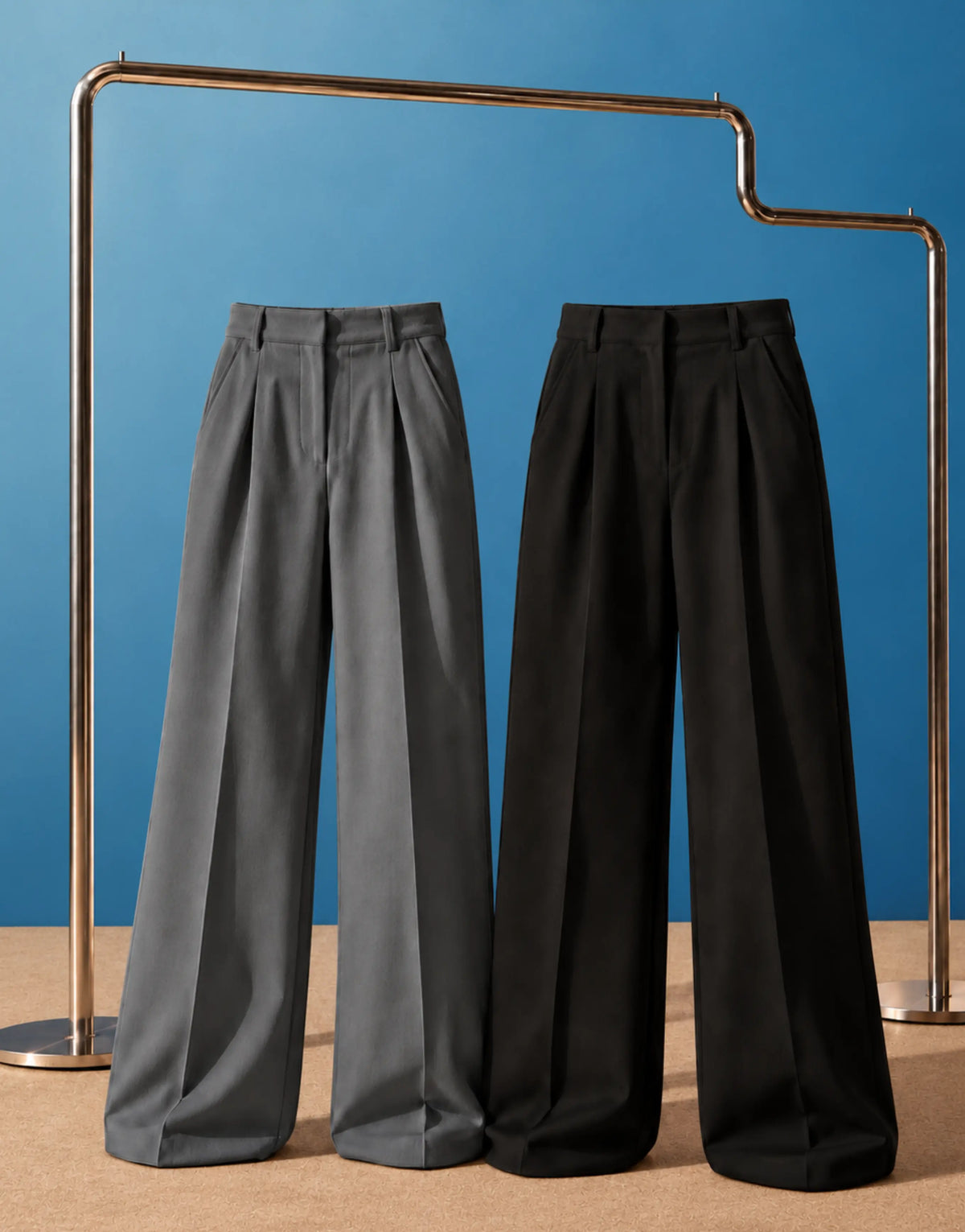 SGW Gray & Black Tailored Wide-Leg Pants with Elastic Back Belt