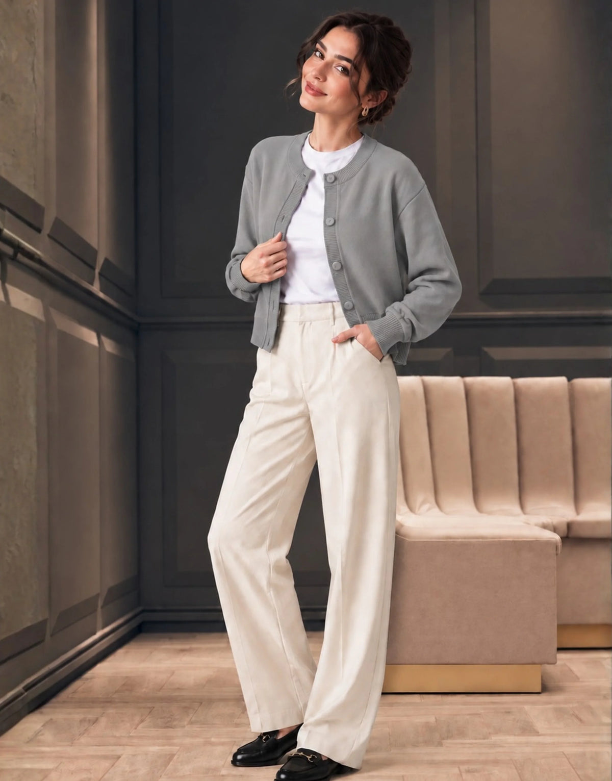 SGW Gray Women’s Crew-Neck Cardigan with Complimentary White Tee
