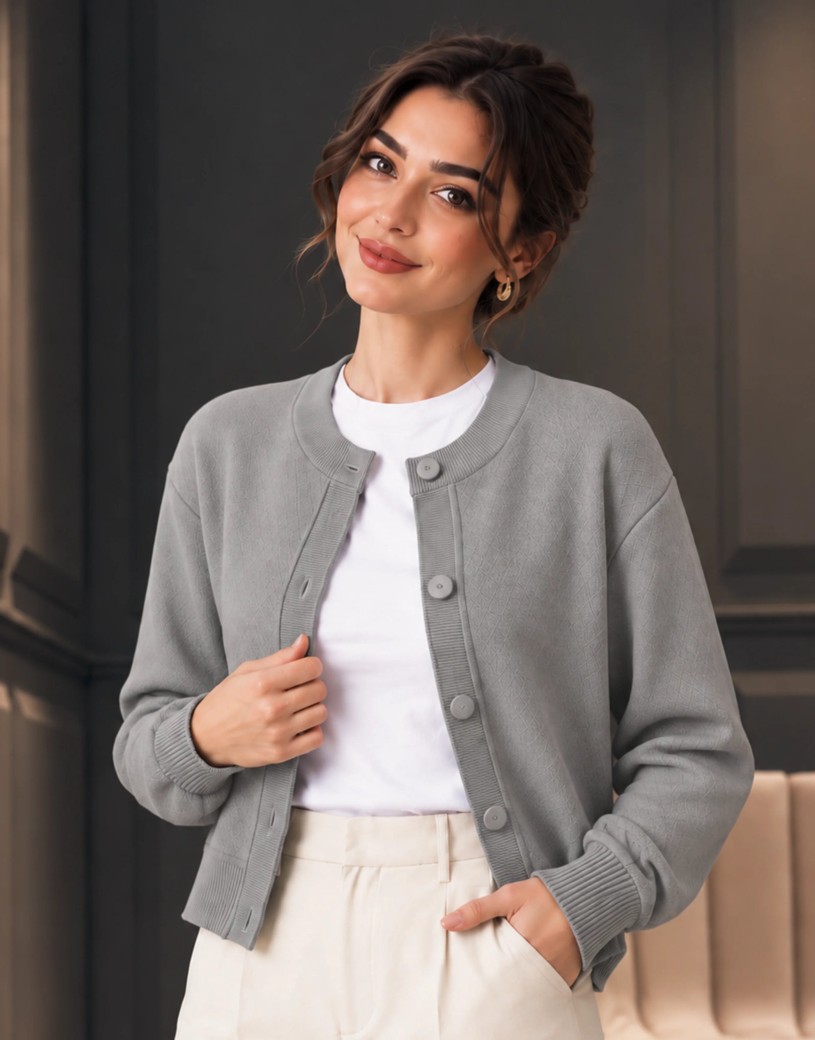 SGW Gray Women’s Crew-Neck Cardigan with Complimentary White Tee