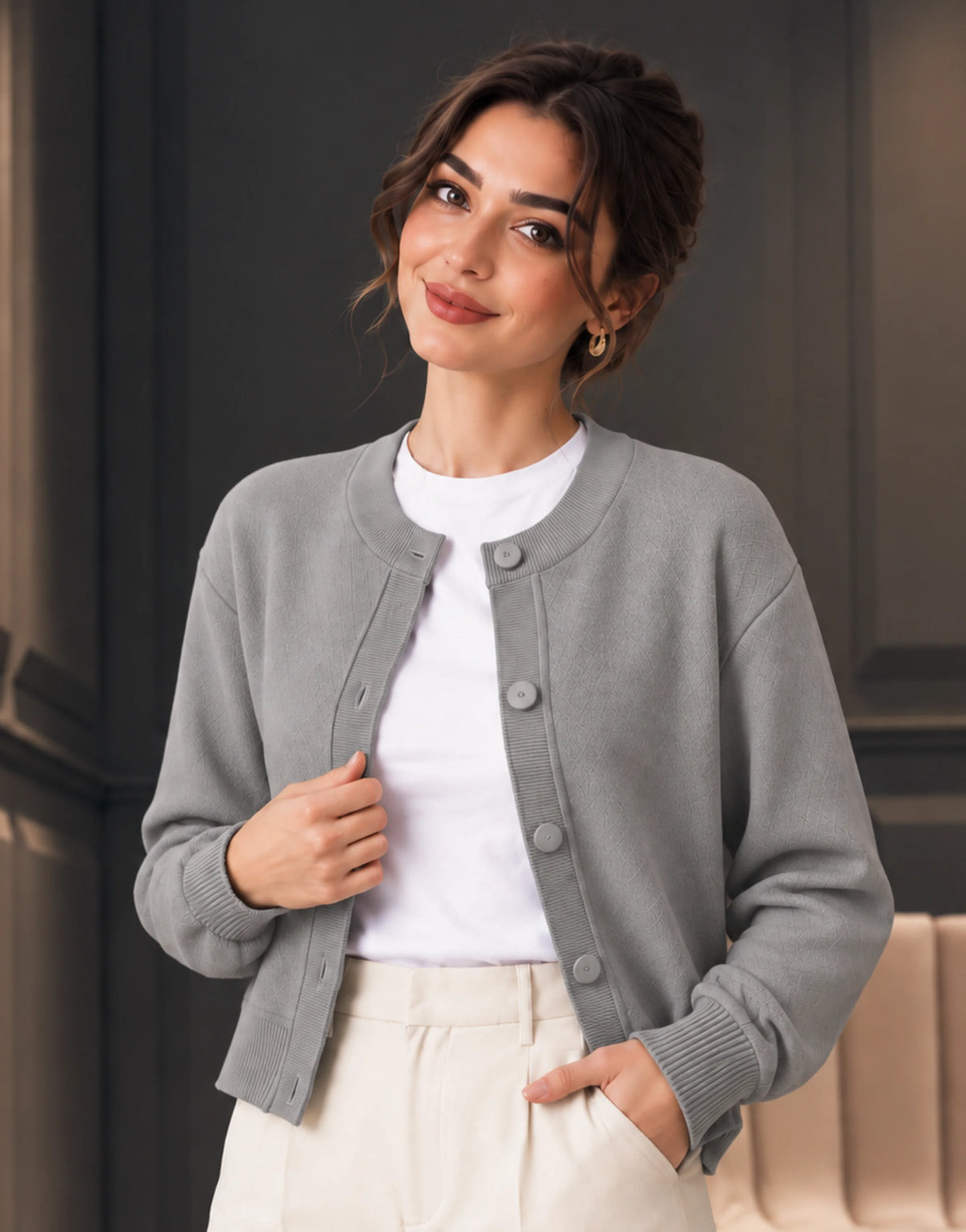 SGW Gray Women’s Crew-Neck Cardigan with Complimentary White Tee