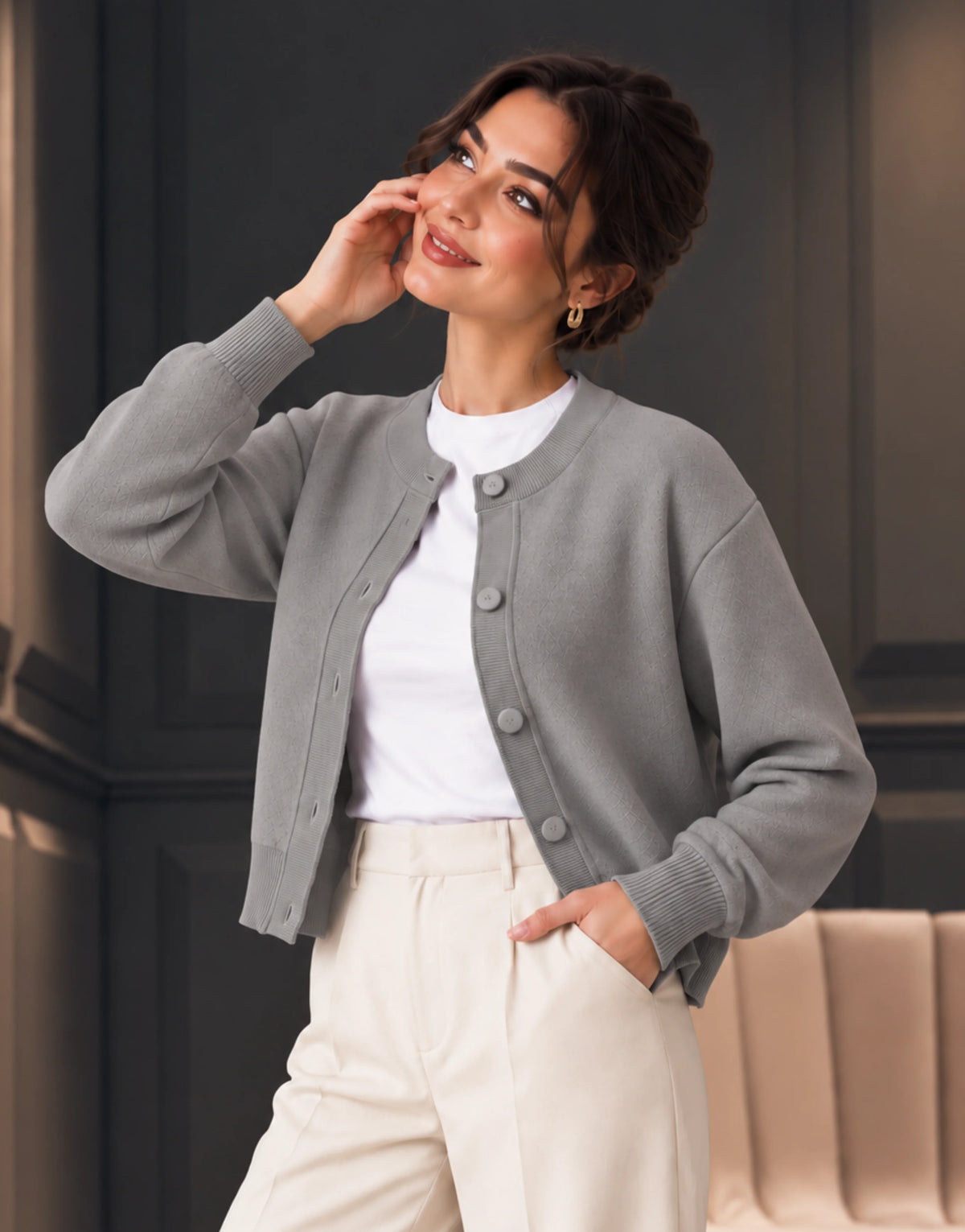 SGW Gray Women’s Crew-Neck Cardigan with Complimentary White Tee