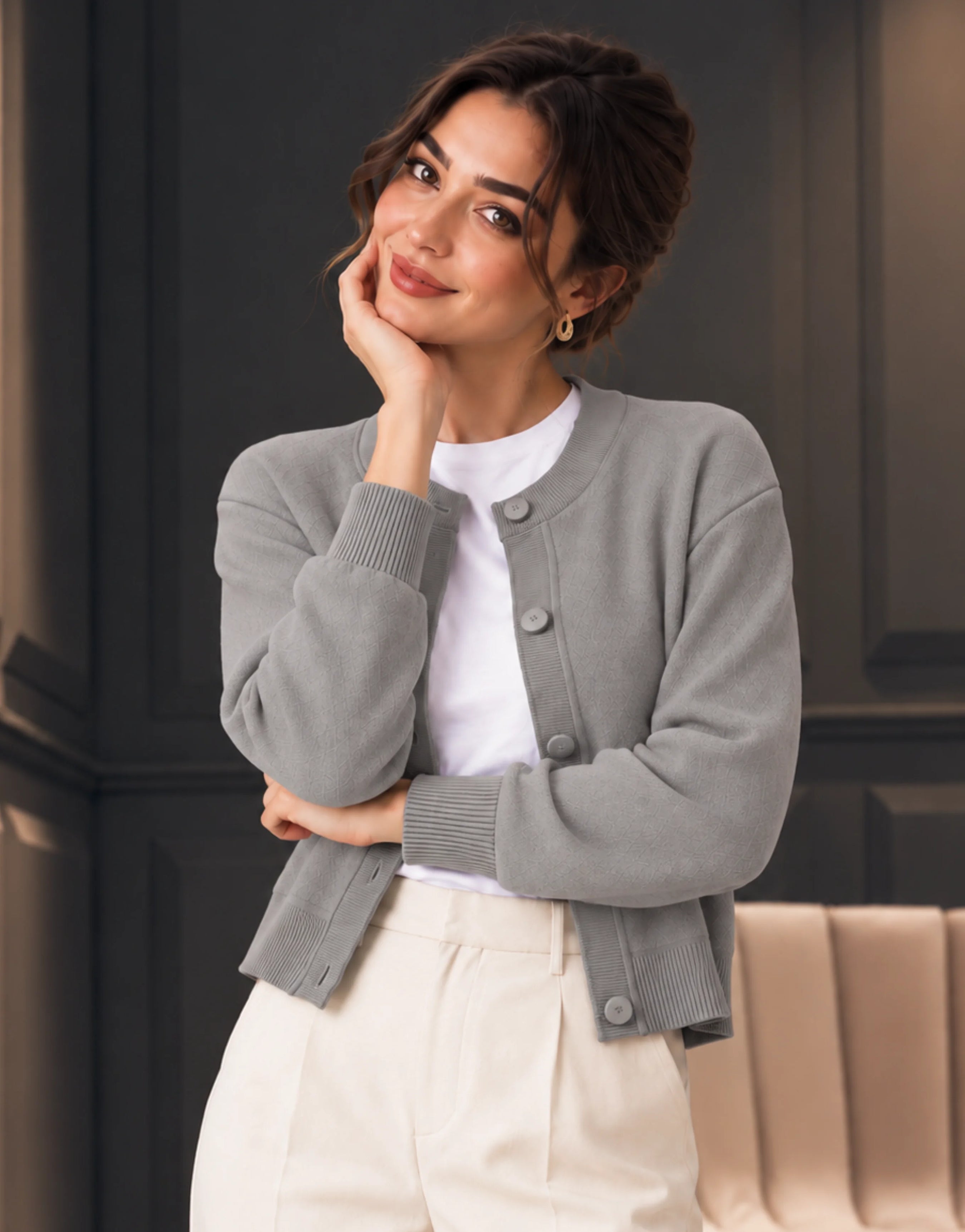 SGW Gray Women’s Crew-Neck Cardigan with Complimentary White Tee