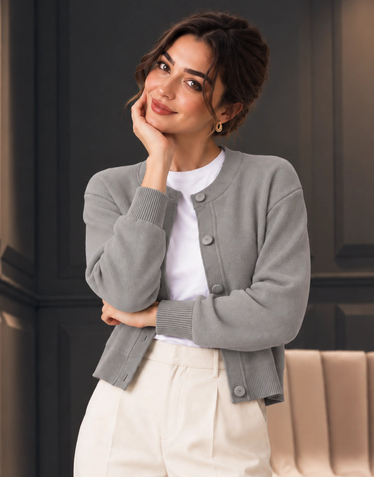 SGW Gray Women’s Crew-Neck Cardigan with Complimentary White Tee
